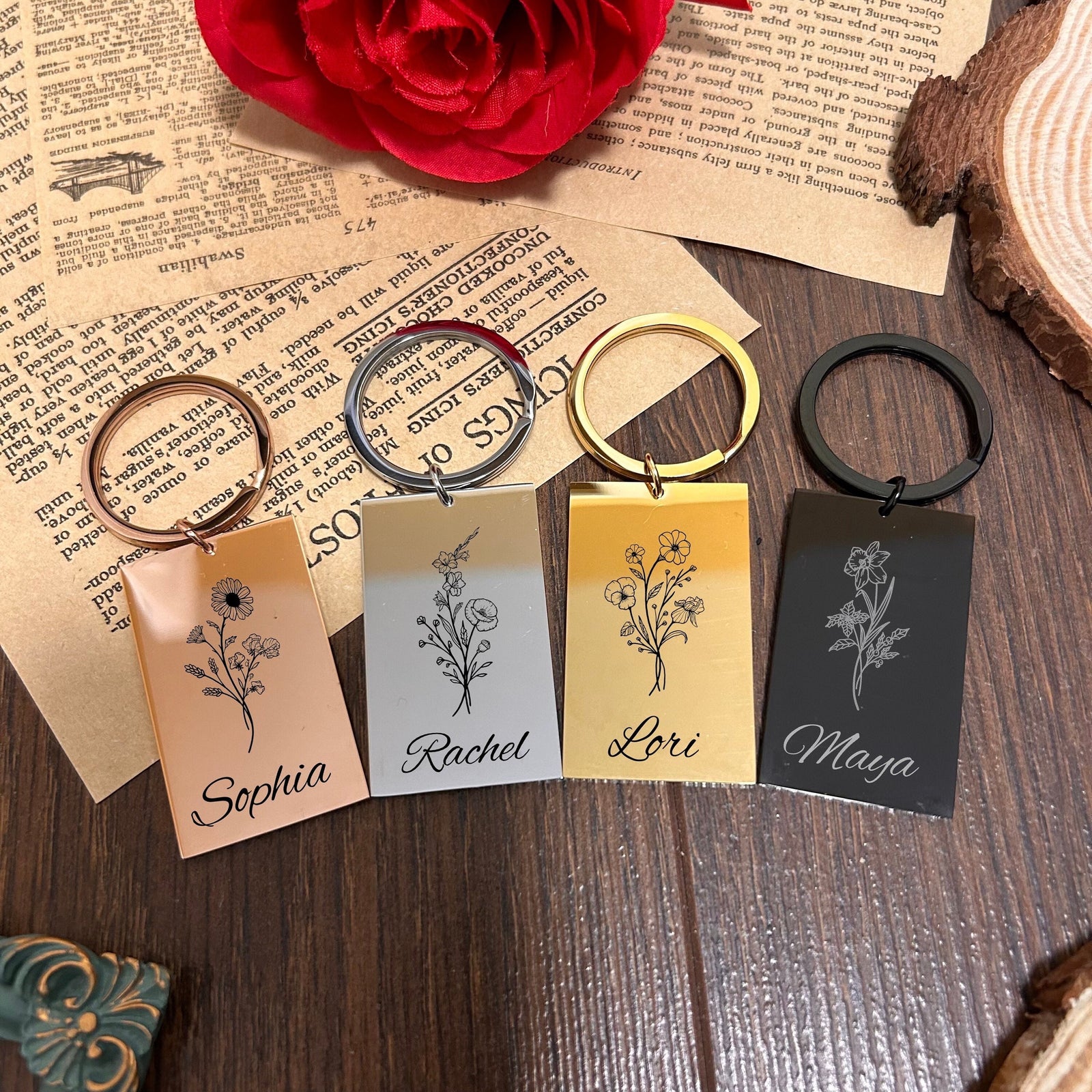 Birth flower Keychain Stainless Steel