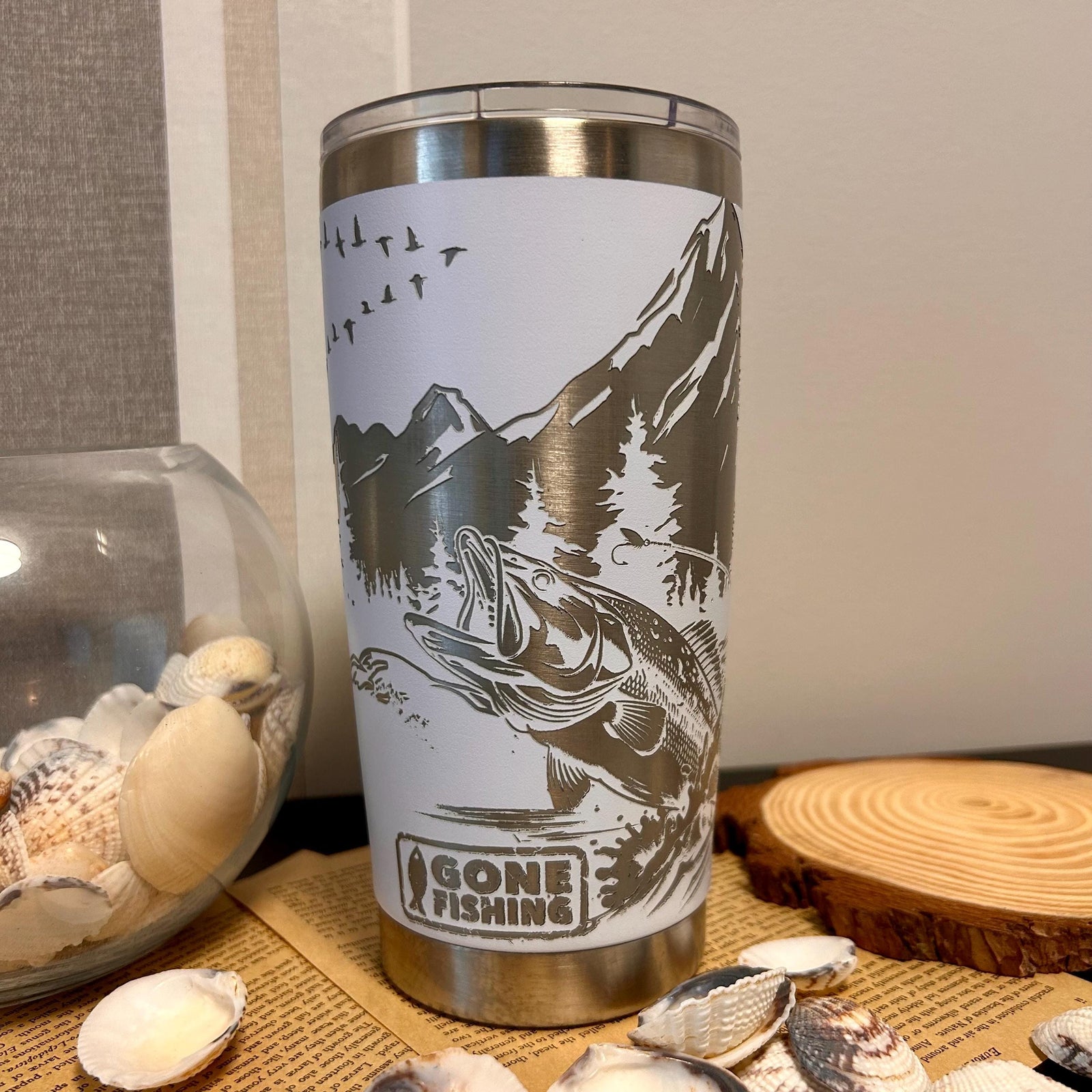 Gone Fishing Fully Engraved 20oz Tumbler, Genuine Stainless Steel 20oz Fishing Insulated Mug for Anglers, Fishing Travel Cup w/ Magnetic Lid