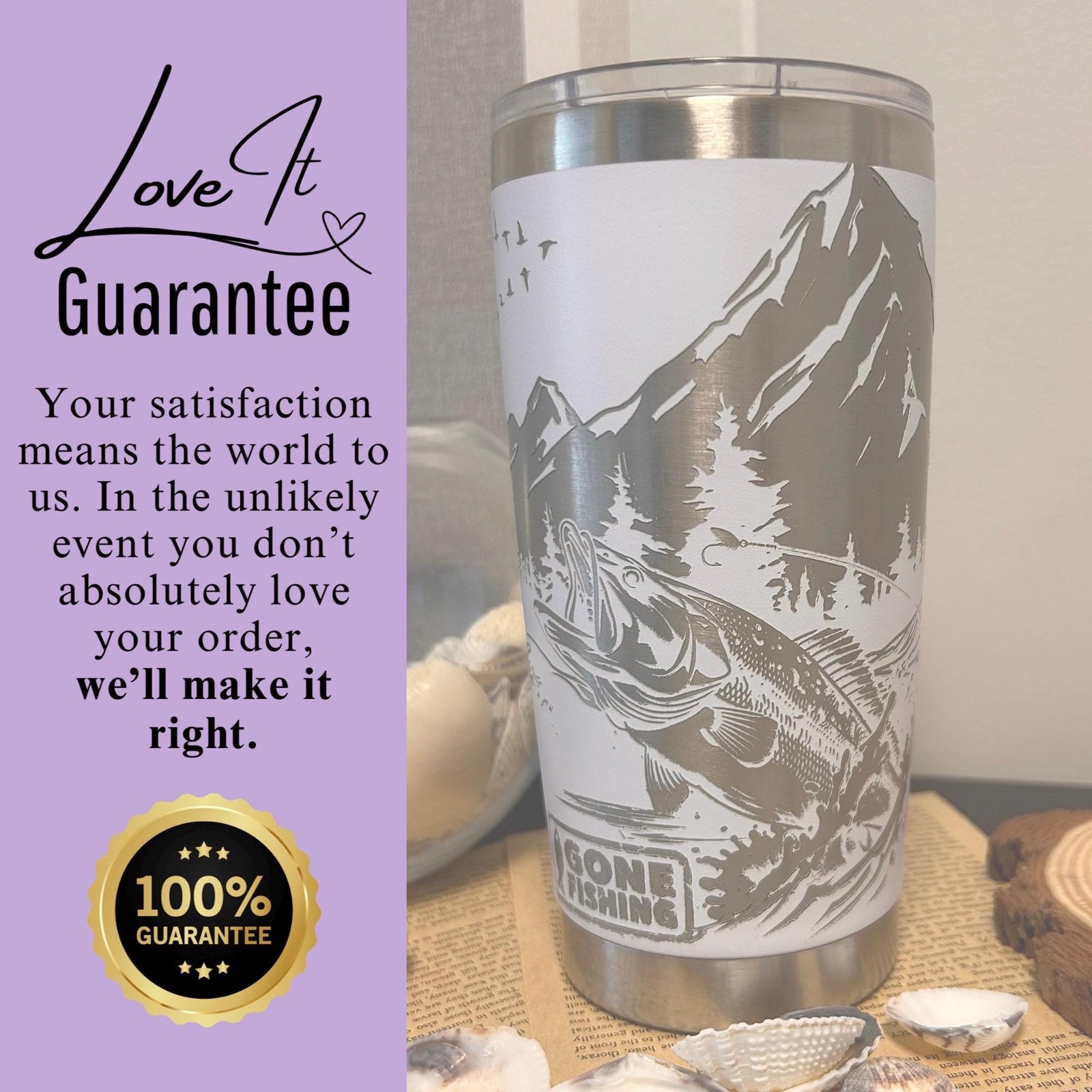 Gone Fishing Fully Engraved 20oz Tumbler, Genuine Stainless Steel 20oz Fishing Insulated Mug for Anglers, Fishing Travel Cup w/ Magnetic Lid