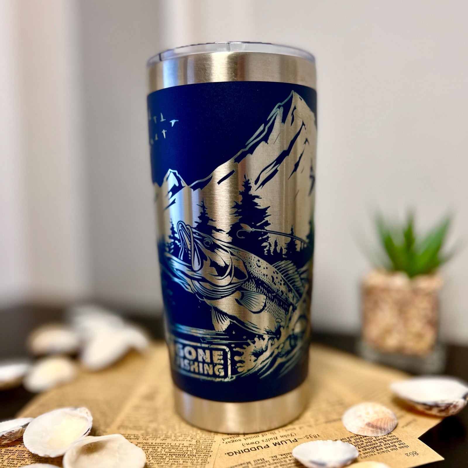 Gone Fishing Fully Engraved 20oz Tumbler, Genuine Stainless Steel 20oz Fishing Insulated Mug for Anglers, Fishing Travel Cup w/ Magnetic Lid