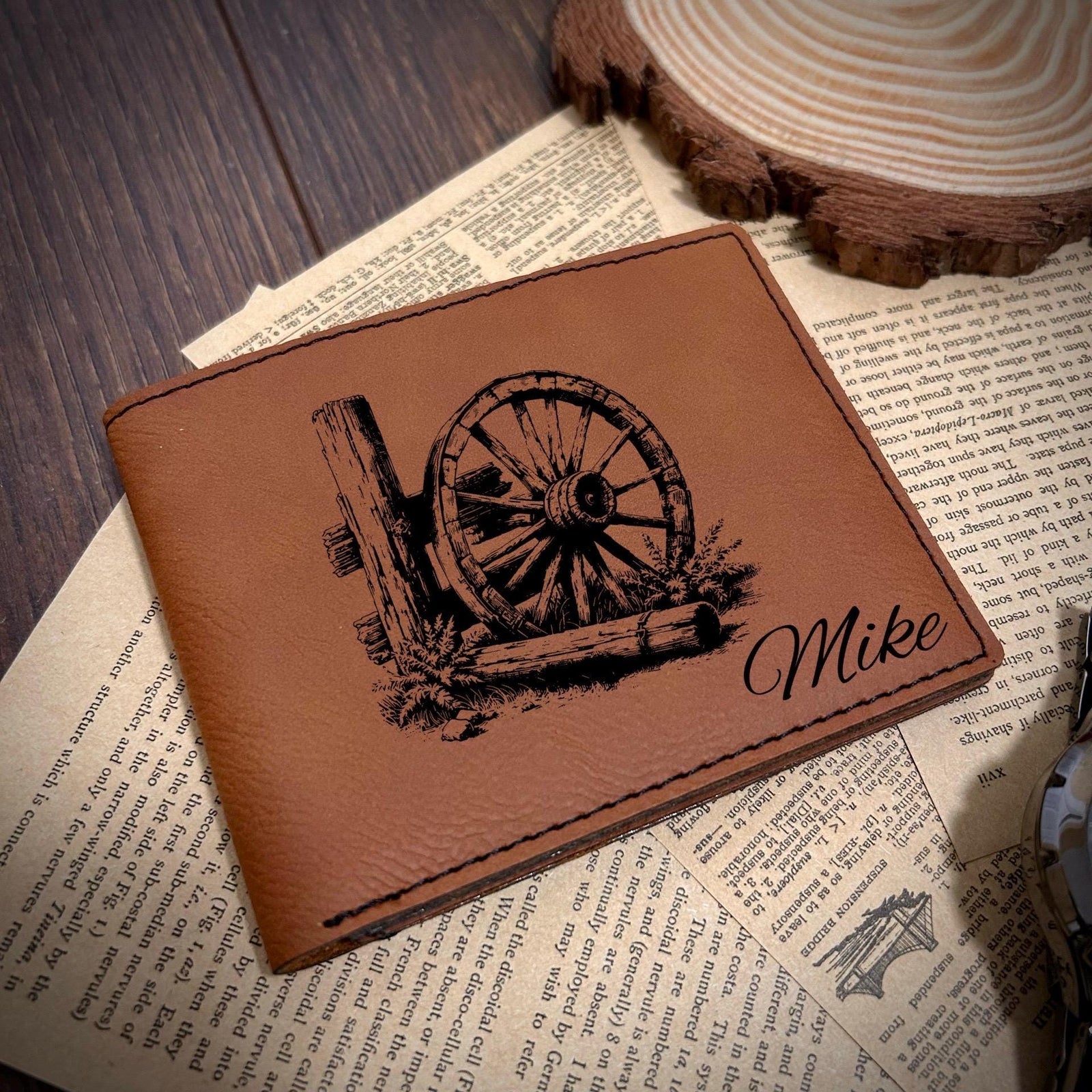 Rustic Wheel Leather Wallet – Design #30
