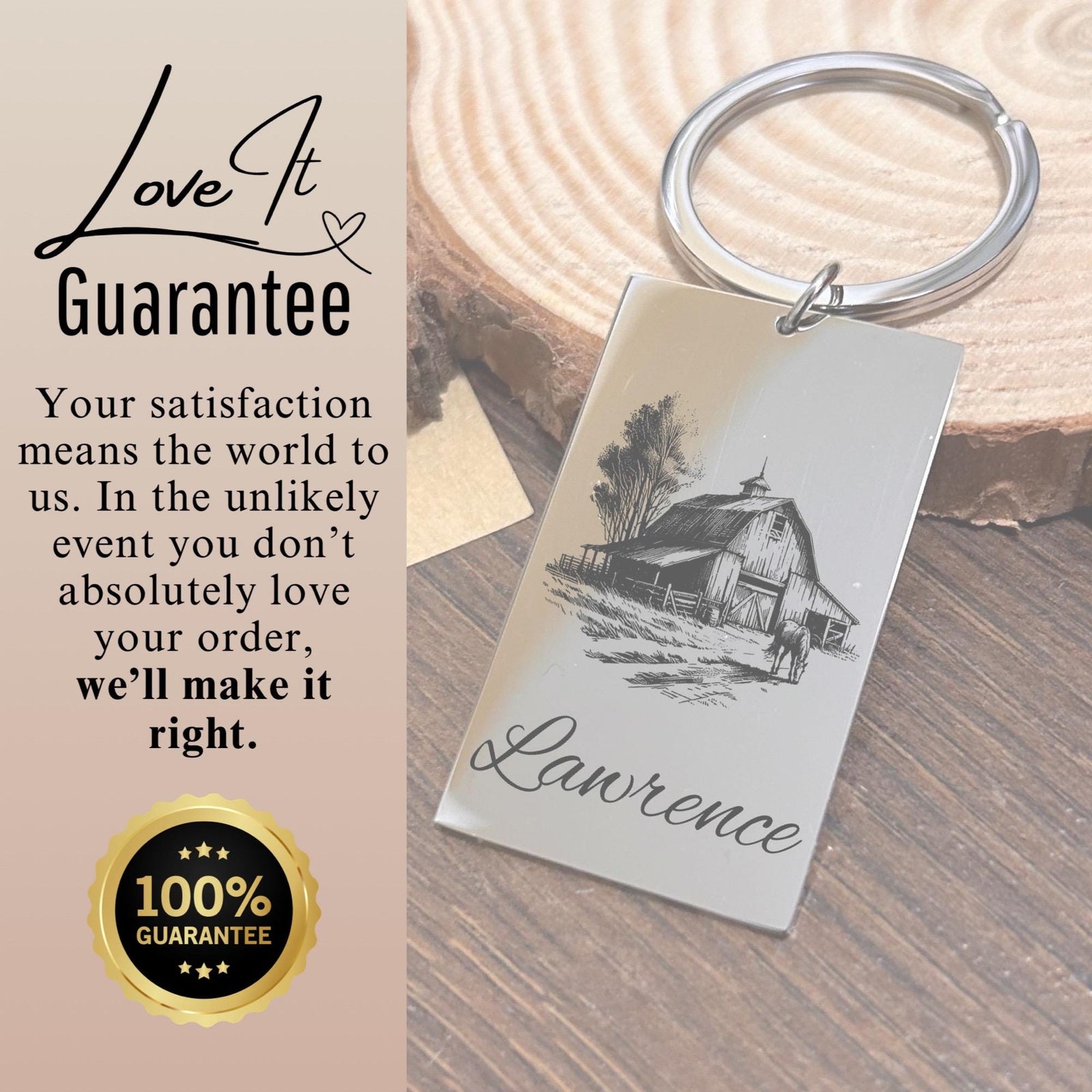 Barn and Horse Keychain Stainless Steel
