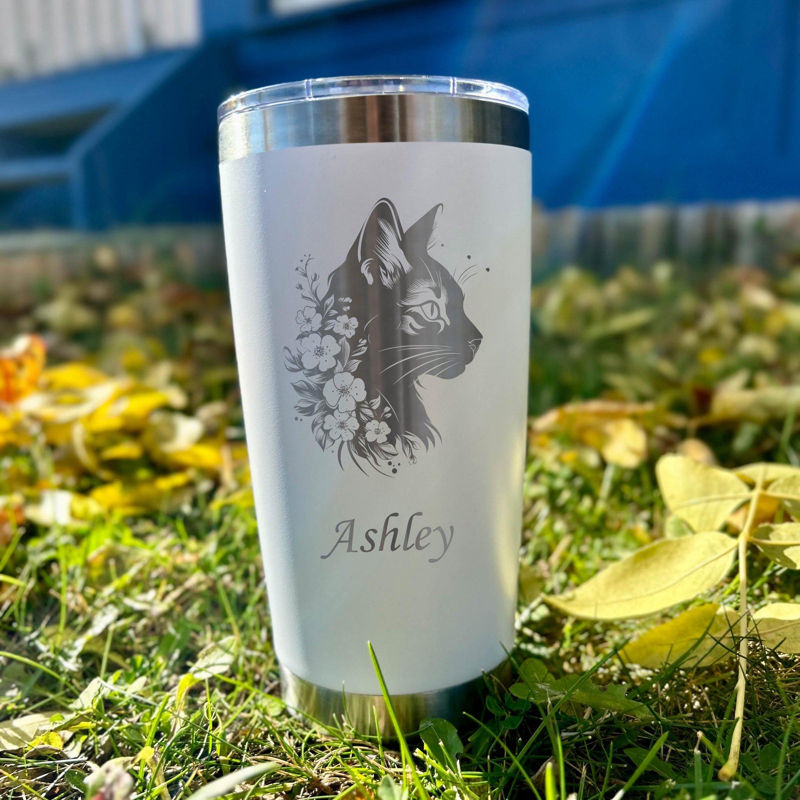 Cat and Flowers 20oz Engraved Tumbler