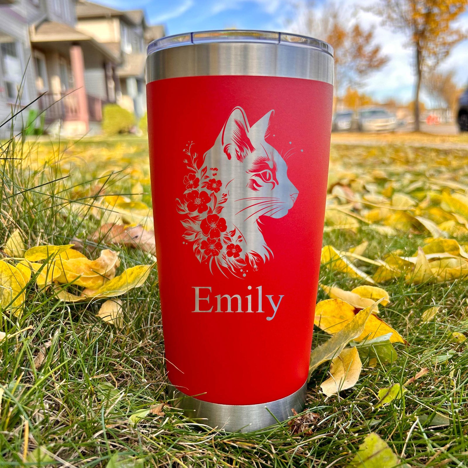 Cat and Flowers 20oz Engraved Tumbler