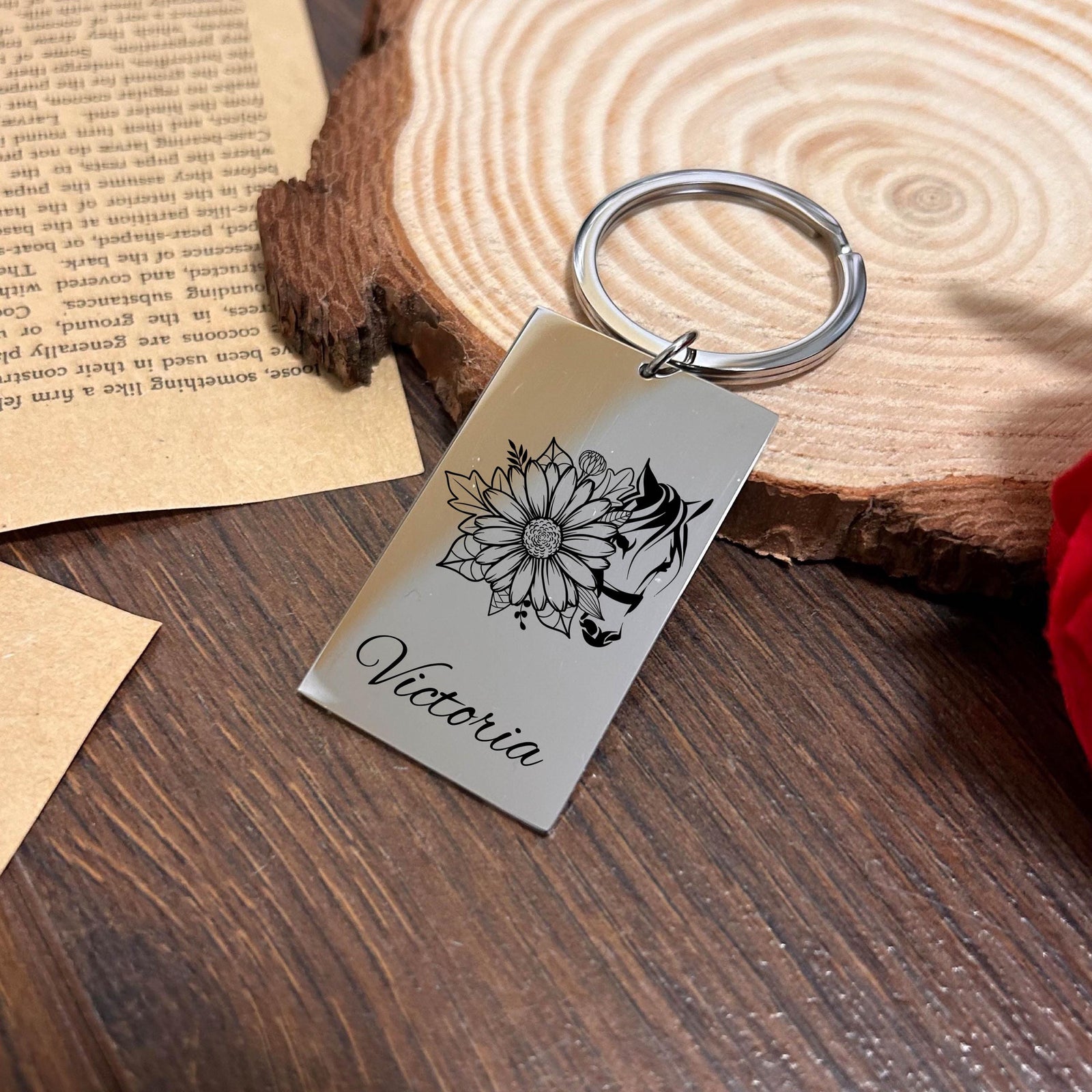 Horse & Flower Keychain Stainless Steel