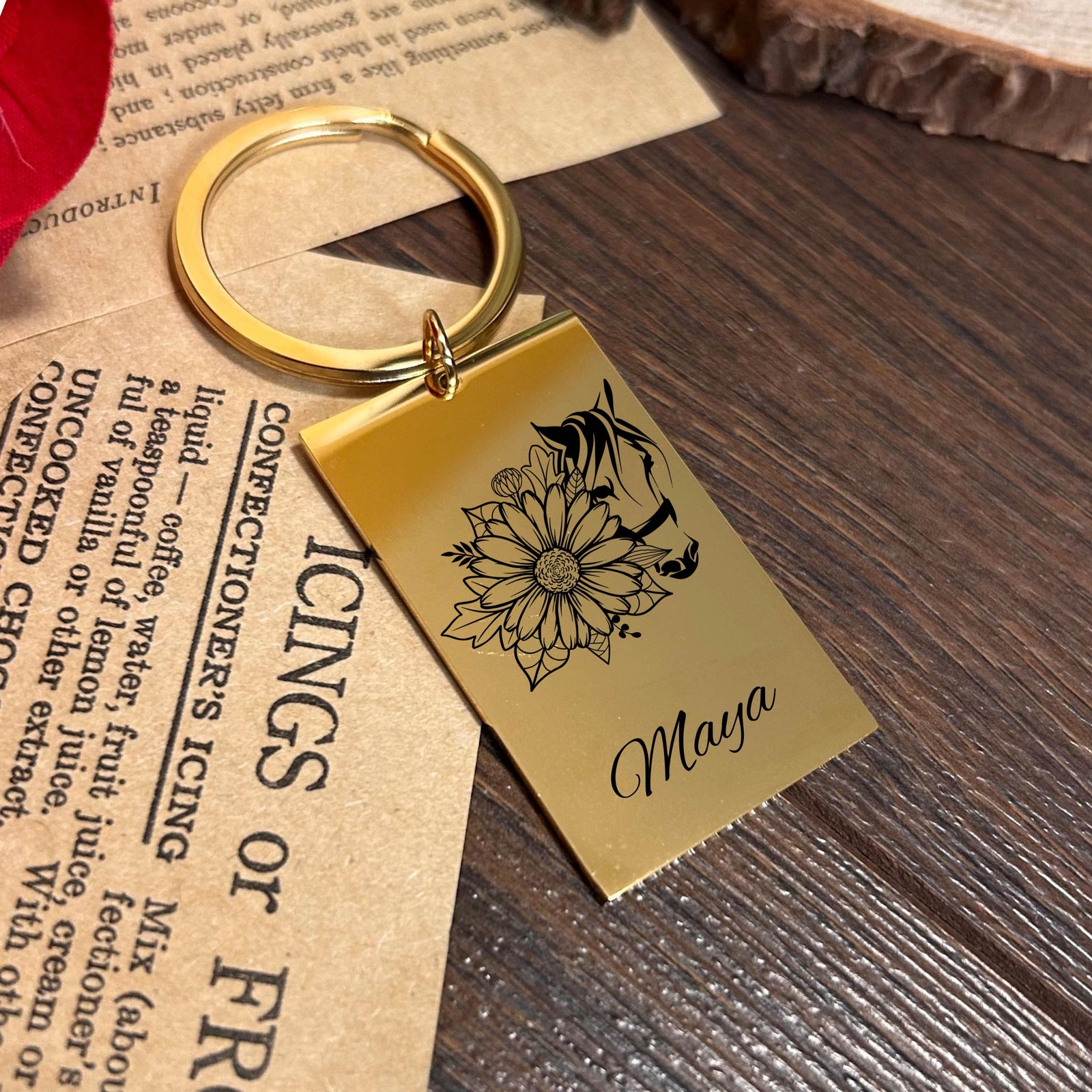 Horse & Flower Keychain Stainless Steel