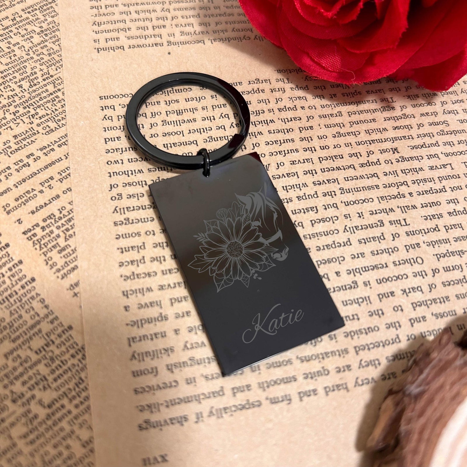 Horse & Flower Keychain Stainless Steel