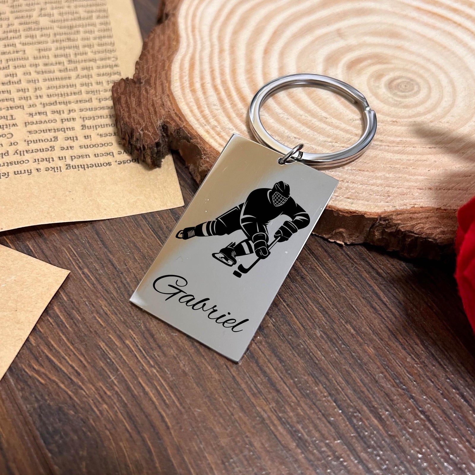 Hockey Player Keychain Stainless Steel