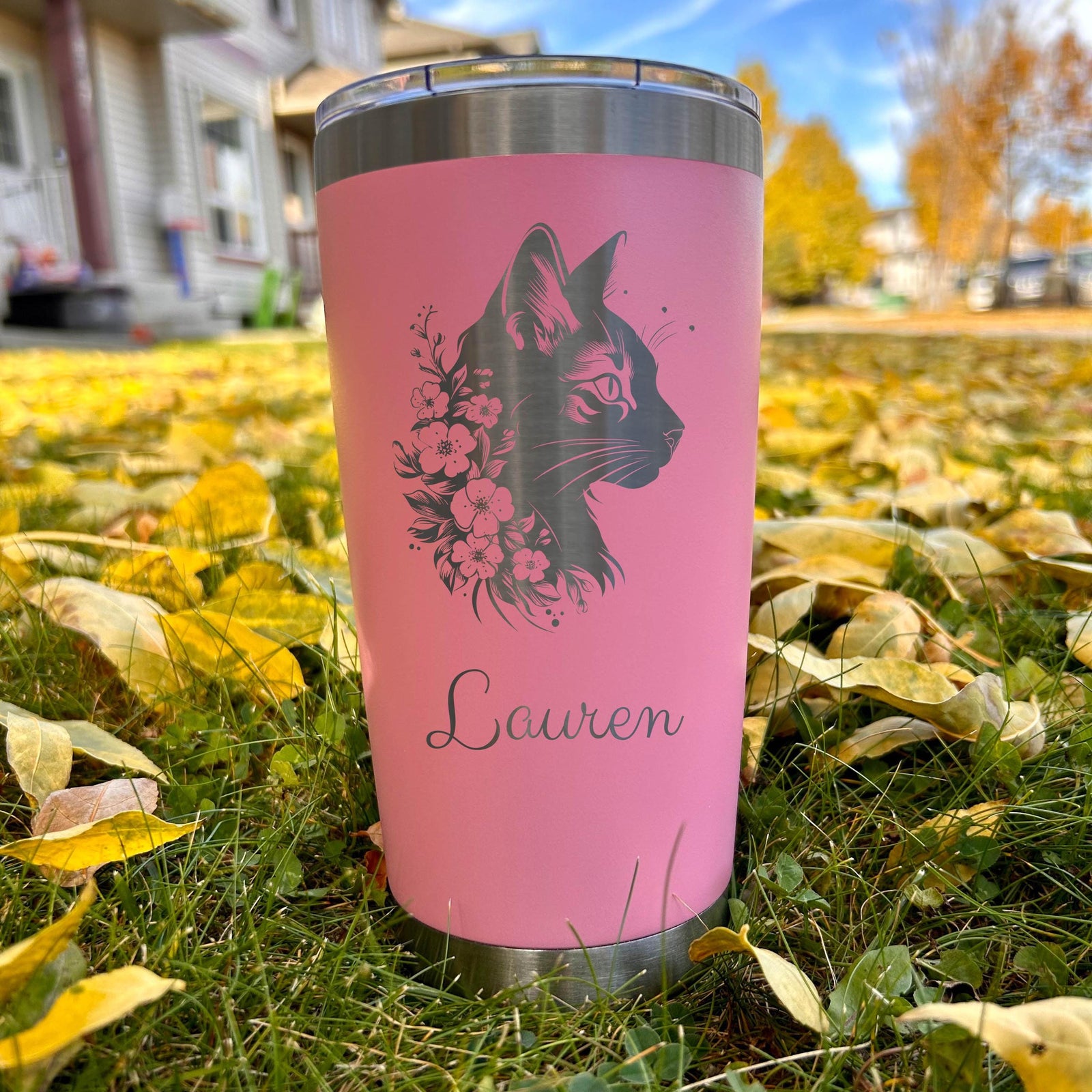 Cat and Flowers 20oz Engraved Tumbler