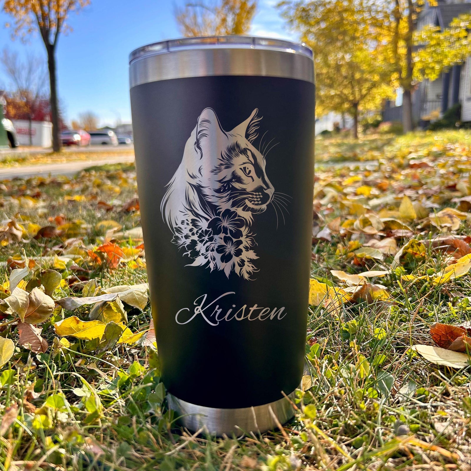 Cat and Roses 20oz Engraved Tumbler