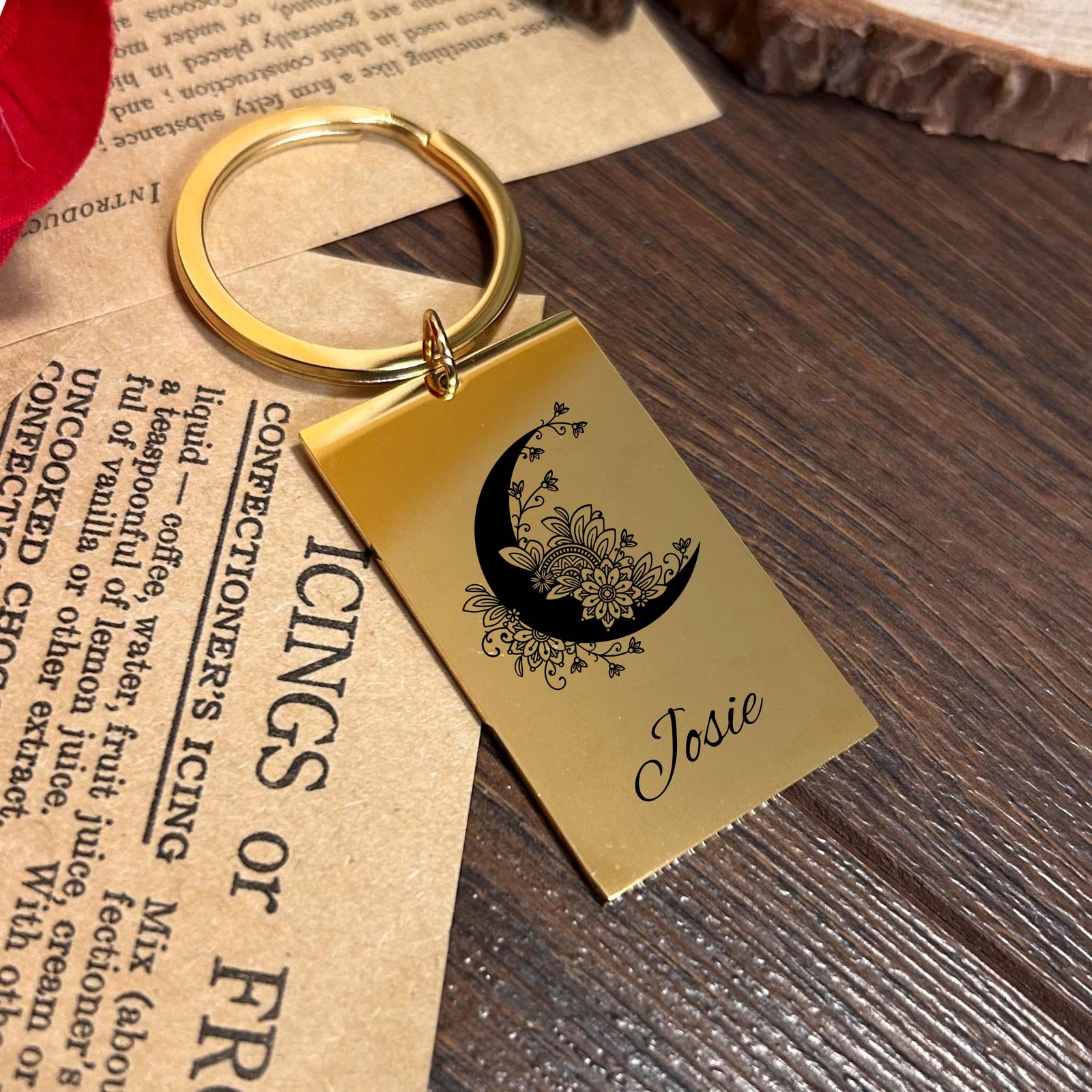 Floral Moon Keychain Stainless Steel