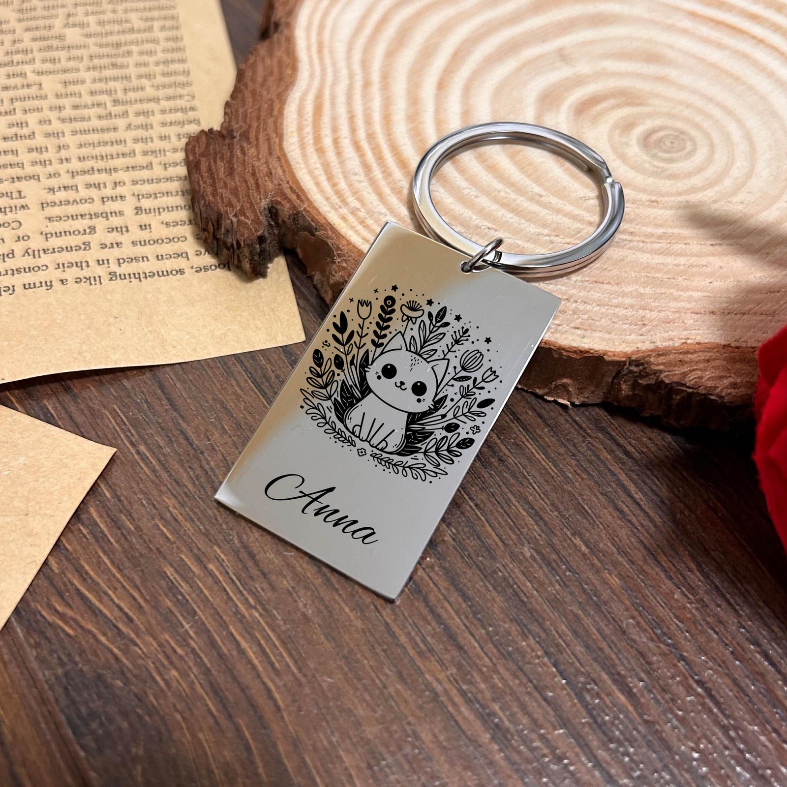 Cat & Nature Keychain Stainless Steel