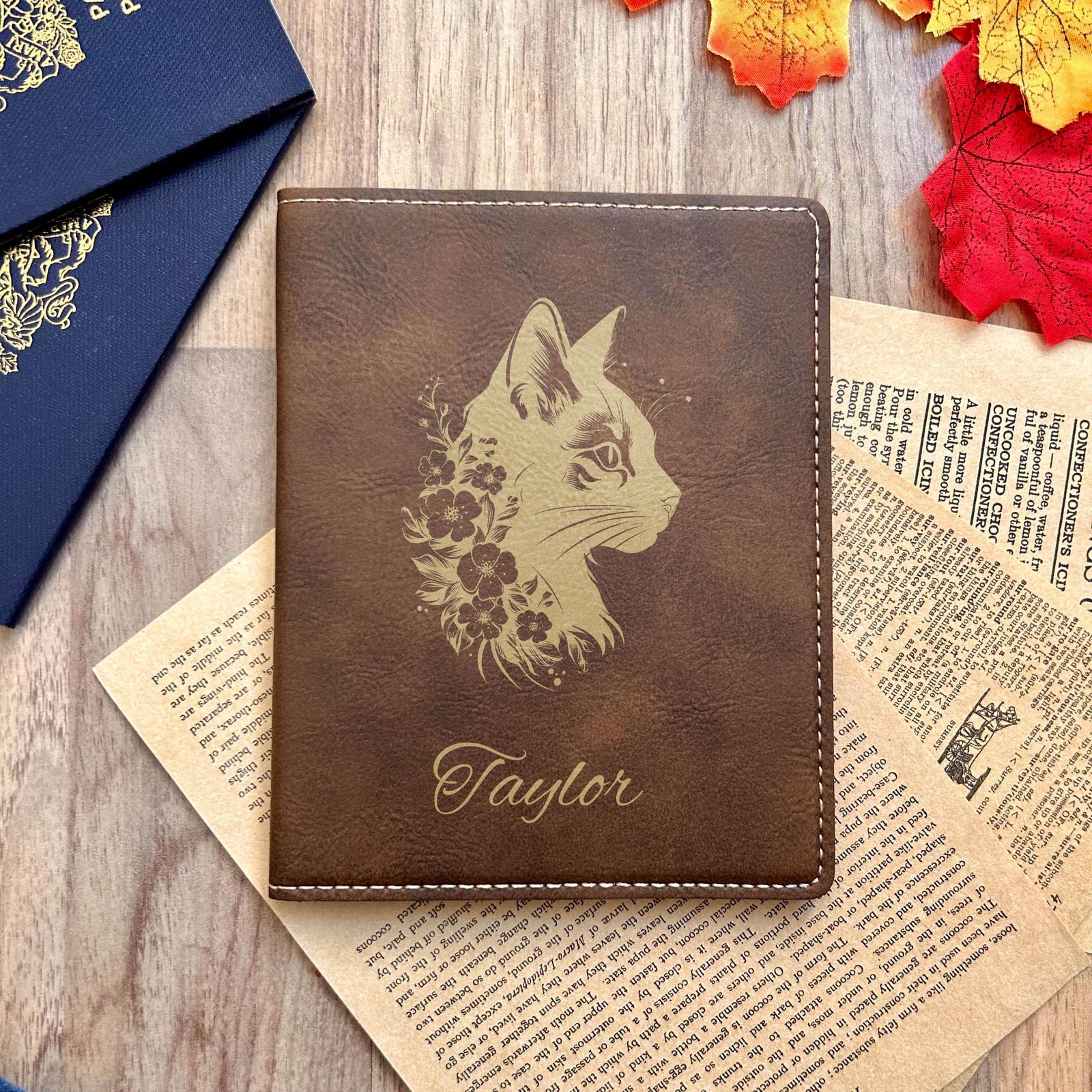 Gold Cat & Flowers Passport Cover – Design #33