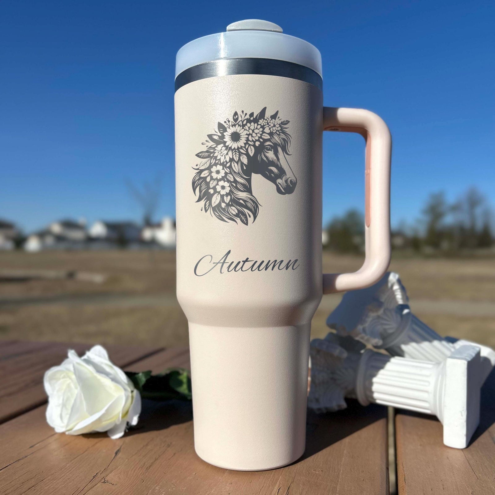 Floral Horse 40oz Engraved Tumbler – Stainless Steel