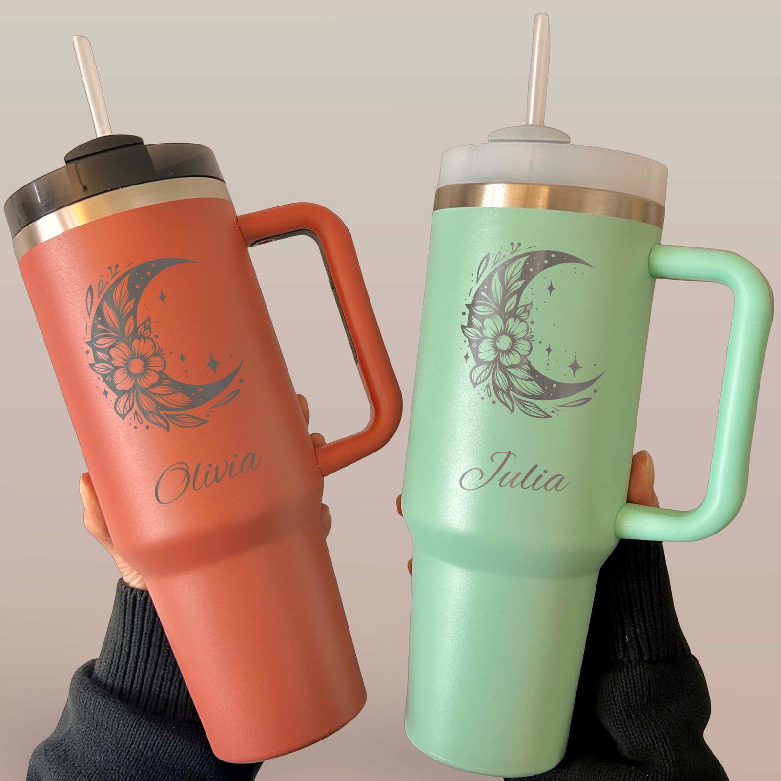 Floral Moon 40oz Engraved Tumbler – Stainless Steel