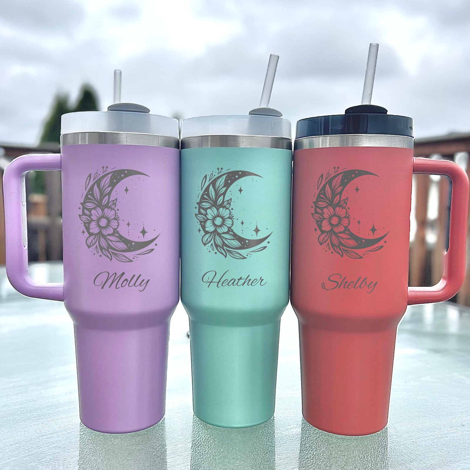 Floral Moon 40oz Engraved Tumbler – Stainless Steel