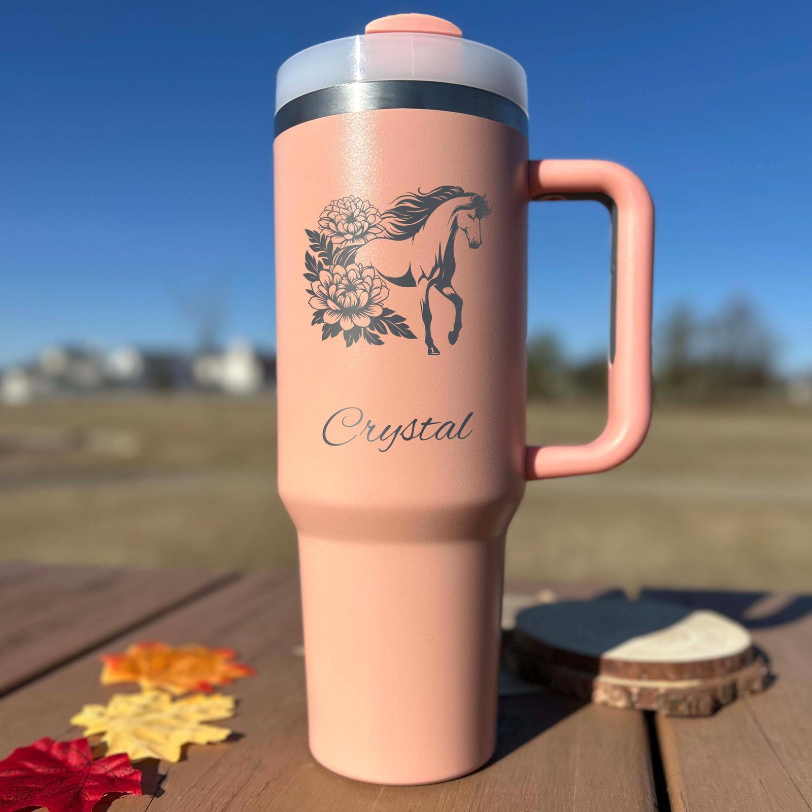 Floral Horse 40oz Engraved Tumbler – Stainless Steel, Horse Design #6