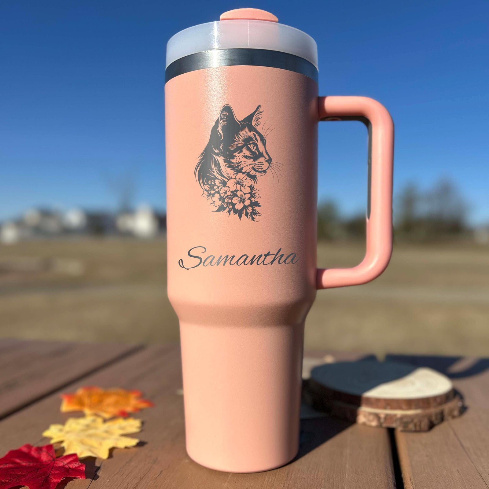 Floral Cat 40oz Engraved Tumbler – Stainless Steel
