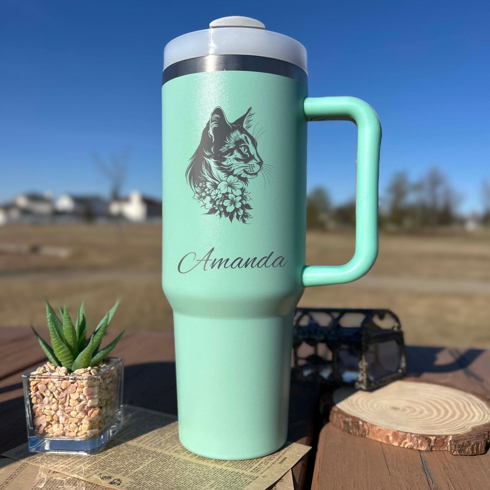 Floral Cat 40oz Engraved Tumbler – Stainless Steel