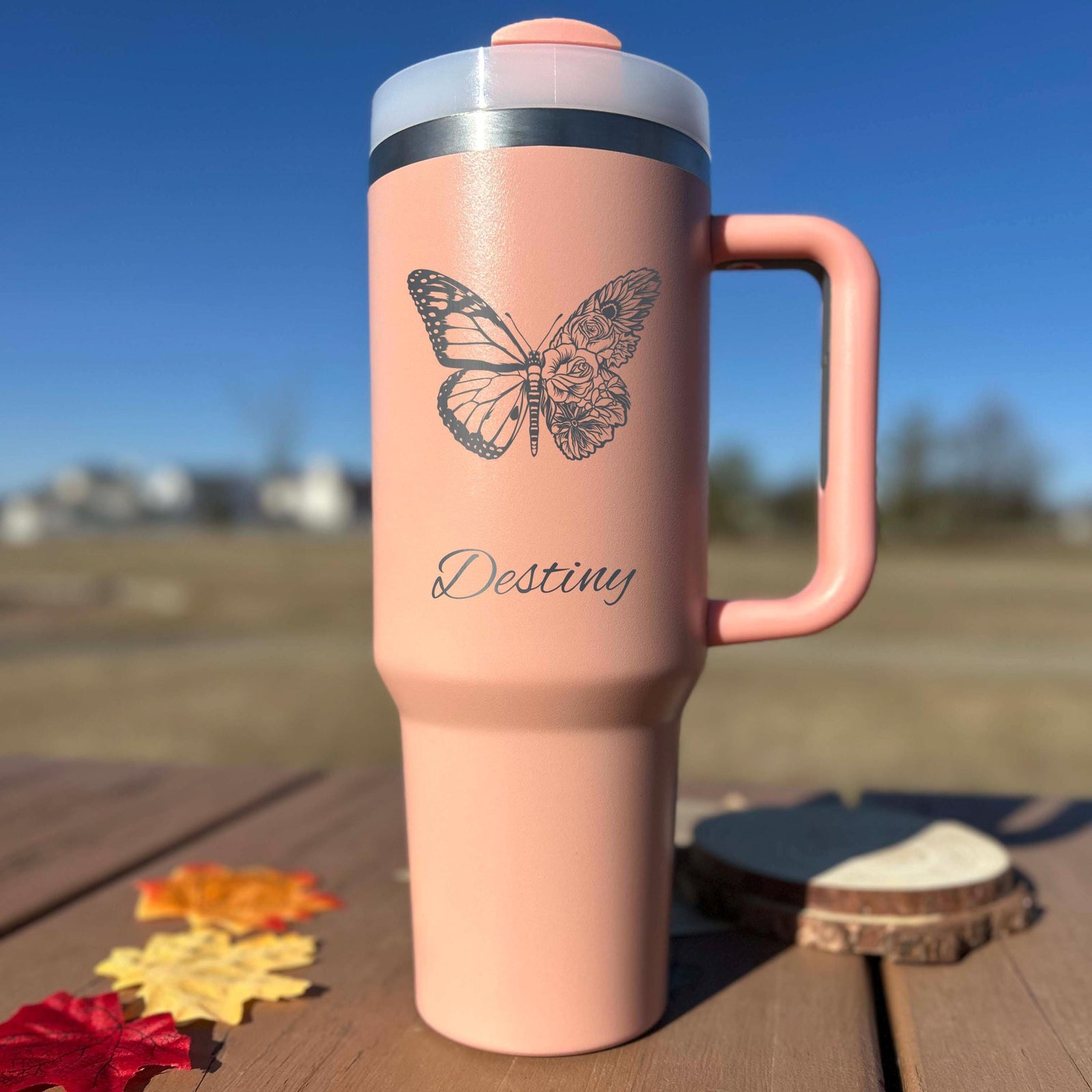 Floral Butterfly 40oz Engraved Tumbler – Stainless Steel
