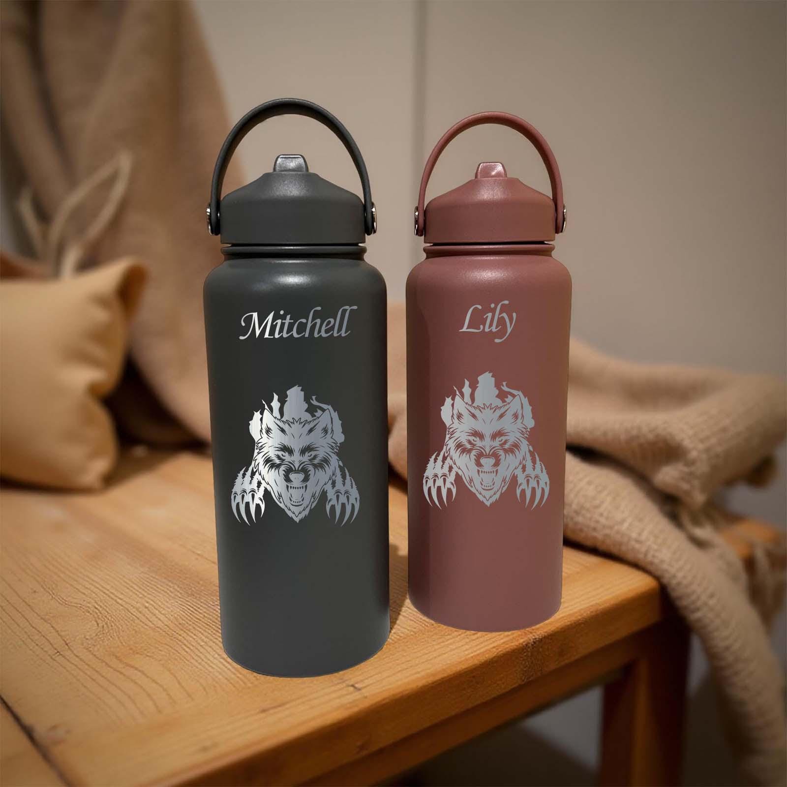 Angry Wolf 32oz Water Bottle – Stainless Steel, Wolf Design #2