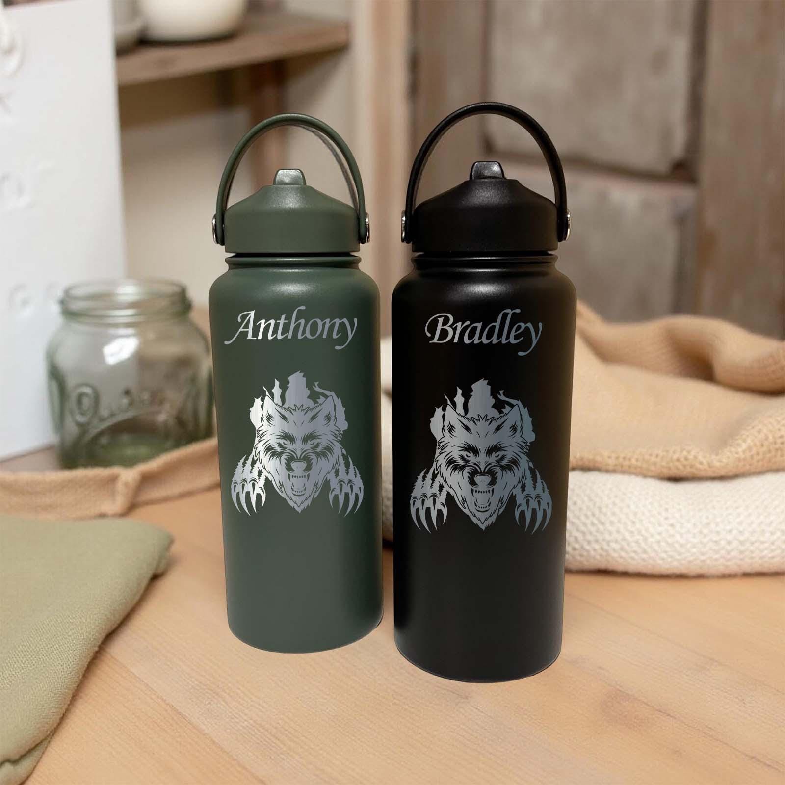 Angry Wolf 32oz Water Bottle – Stainless Steel, Wolf Design #2