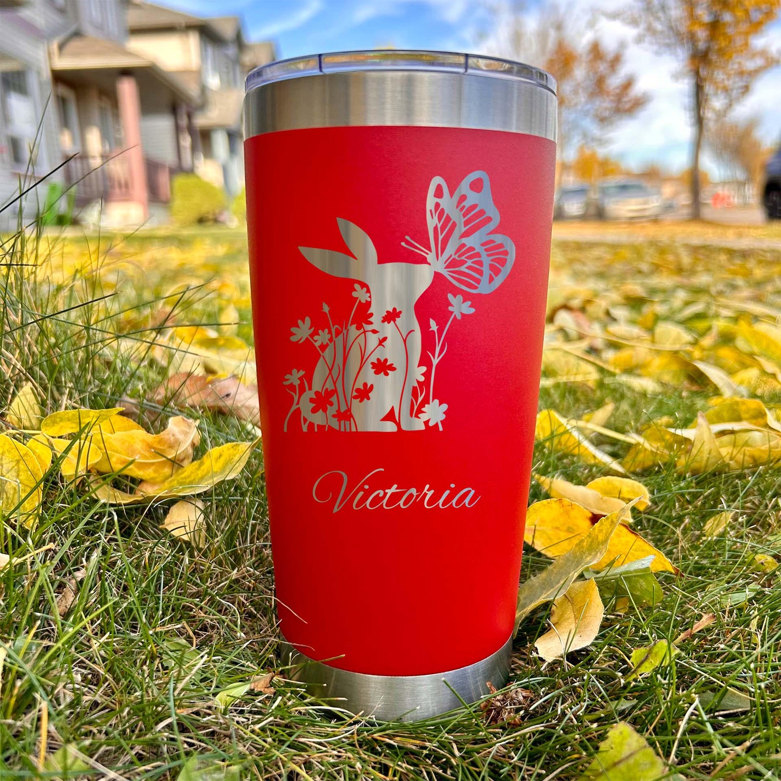 Floral Bunny 20oz Engraved Tumbler – Stainless Steel, Bunny Design #2