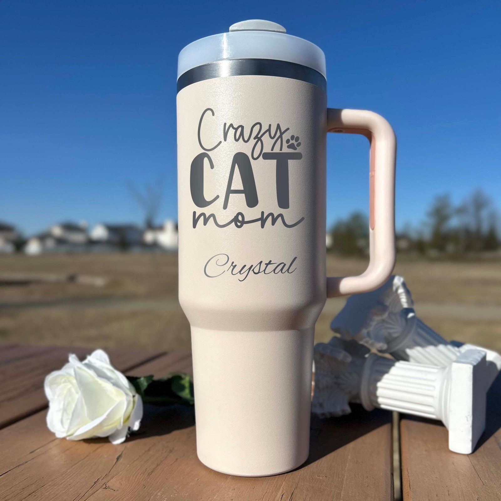 Cat Mom 40oz Engraved Tumbler – Stainless Steel, Saying #76