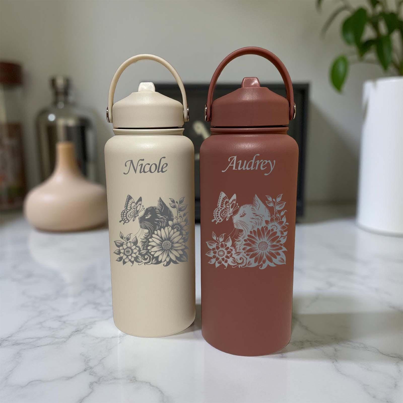 Floral Cat 32oz Water Bottle – Stainless Steel