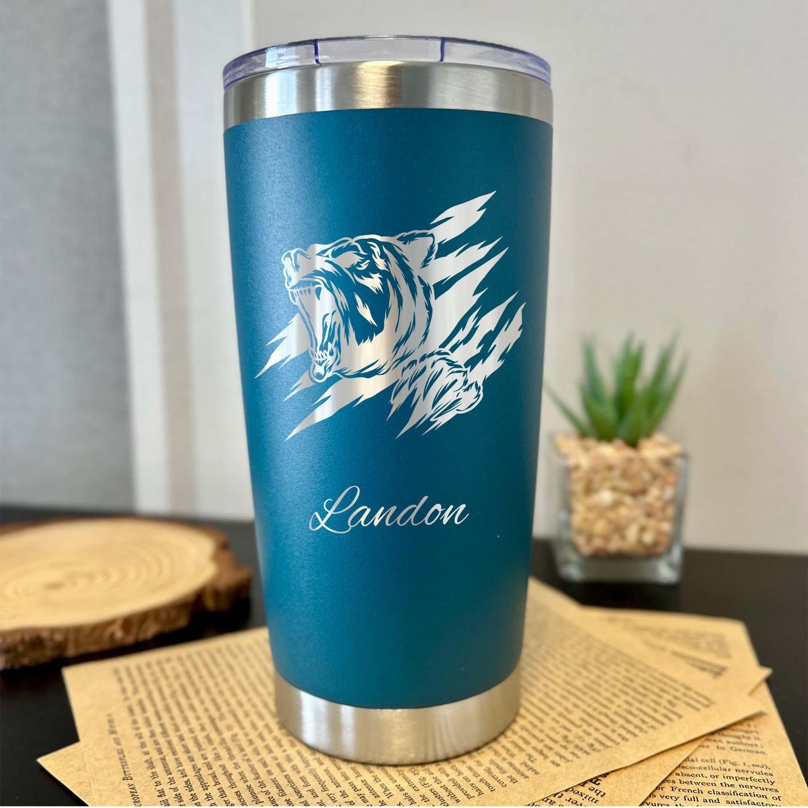 Angry Bear 20oz Engraved Tumbler – Stainless Steel, Bear Design #1