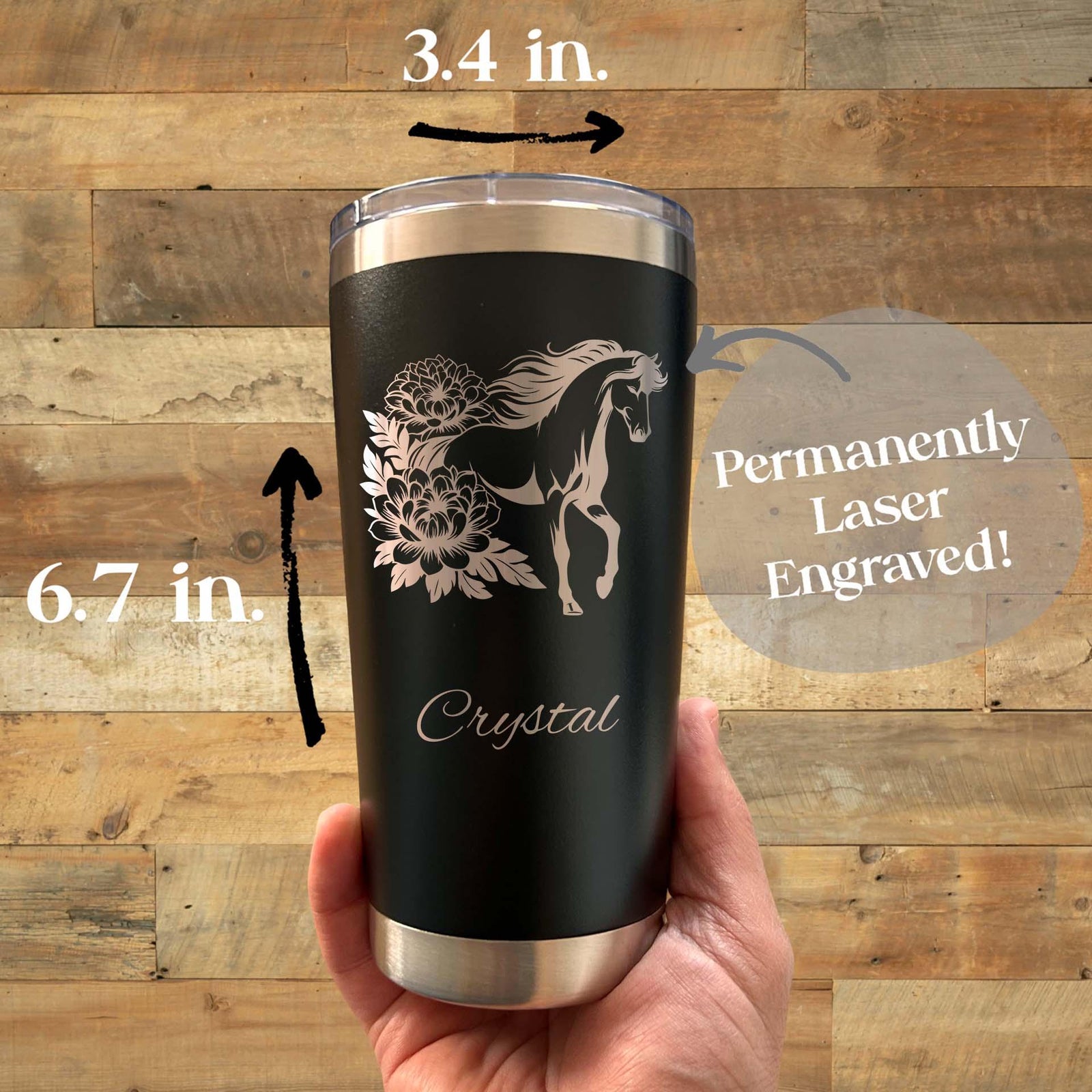 Horse & Roses 20oz Engraved Tumbler – Stainless Steel, Horse Design #6