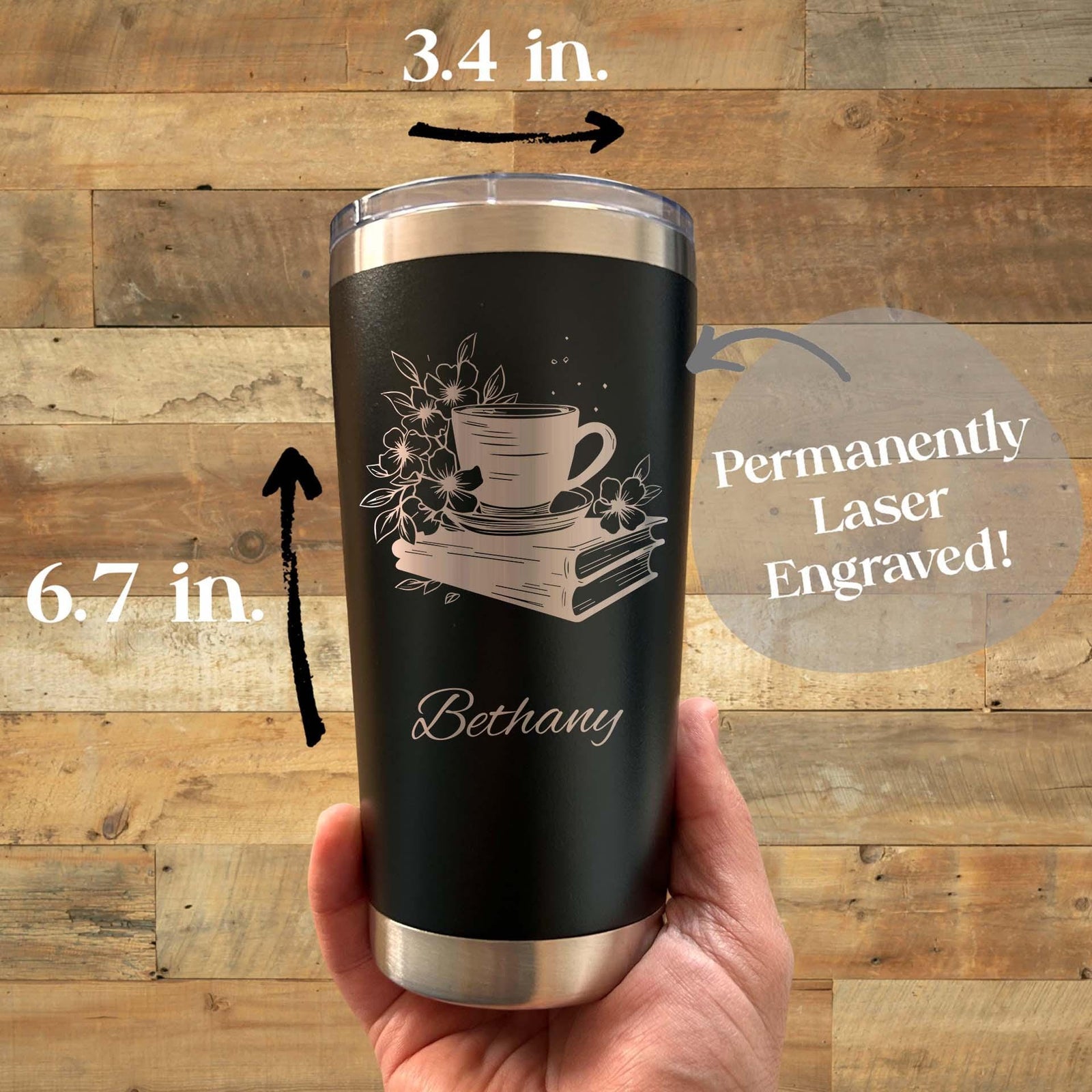 Book Lover 20oz Engraved Tumbler – Stainless Steel, Book Design #1