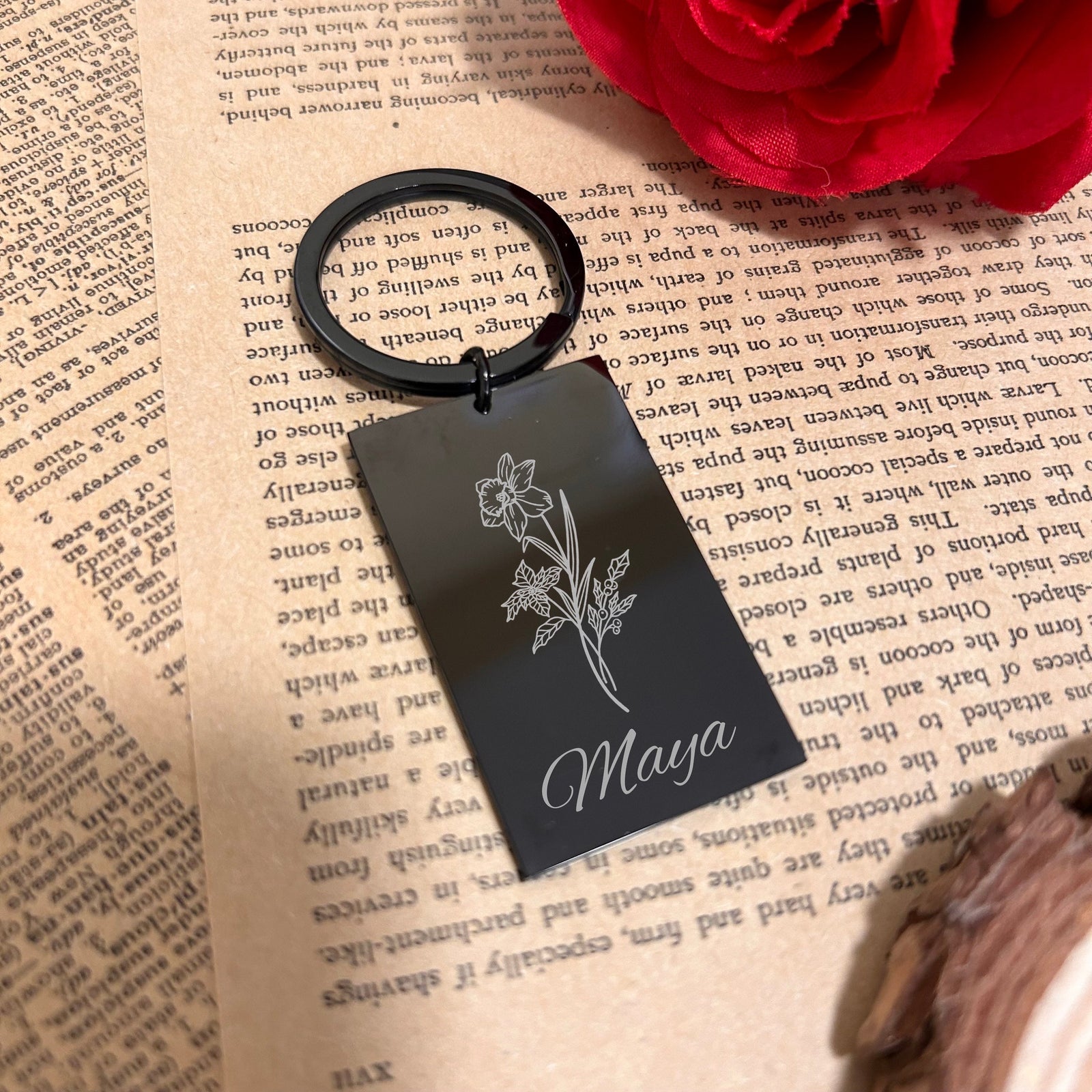 Birth flower Keychain Stainless Steel