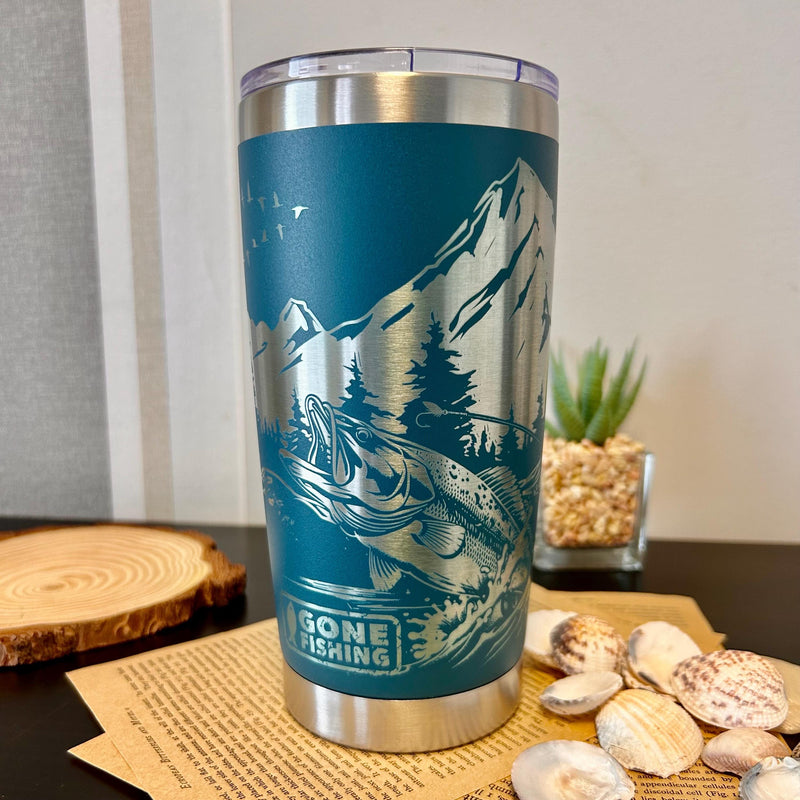 Gone Fishing Fully Engraved 20oz Tumbler, Genuine Stainless Steel 20oz Fishing Insulated Mug for Anglers, Fishing Travel Cup w/ Magnetic Lid