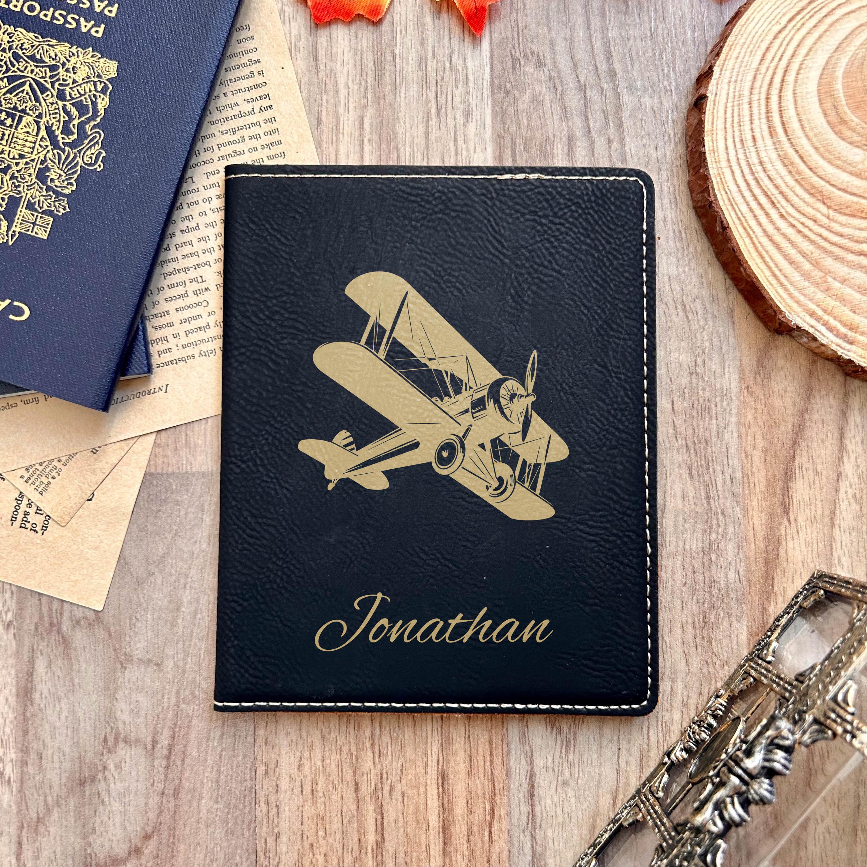 Gold Antique Airplane Passport Cover – Design #4