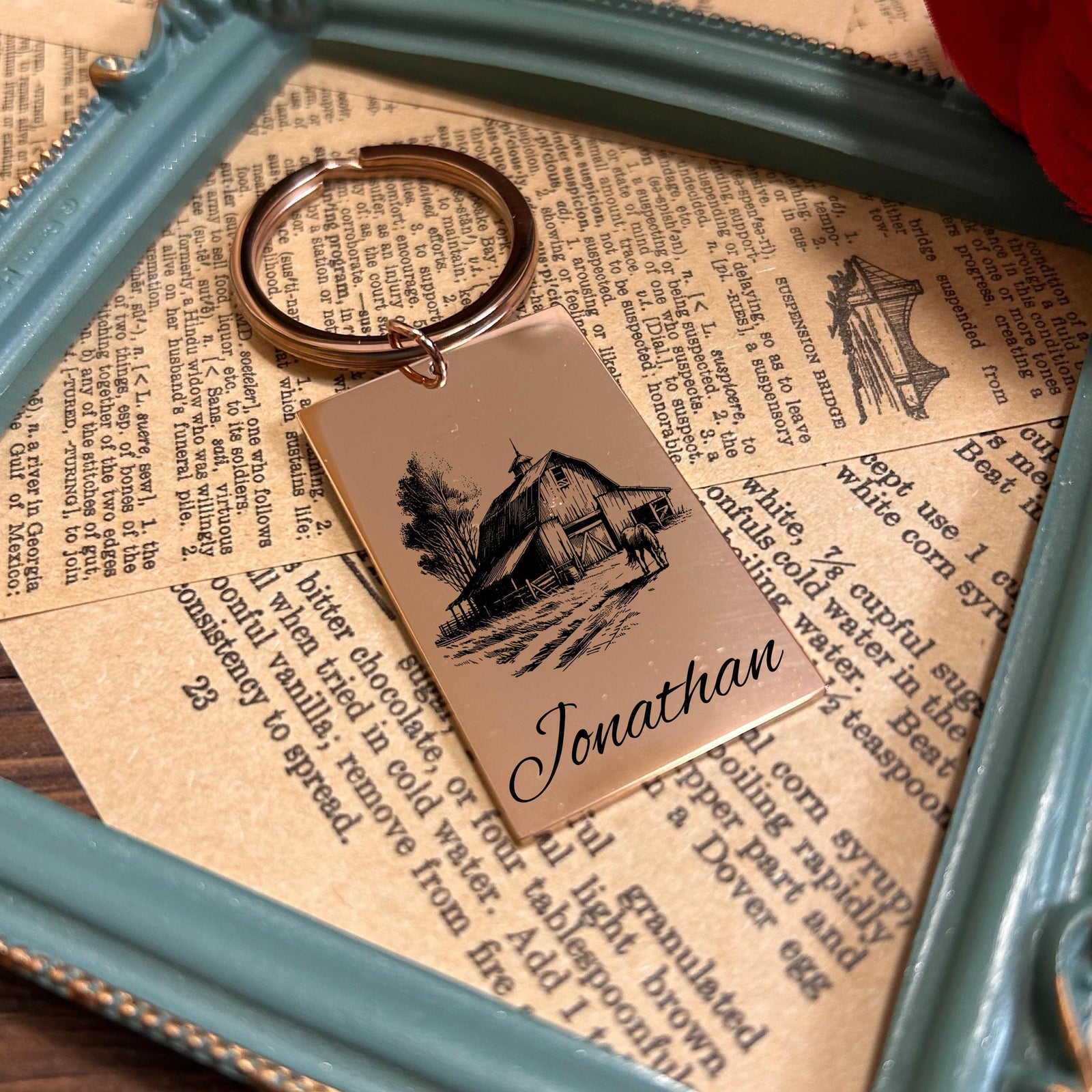 Barn and Horse Keychain Stainless Steel