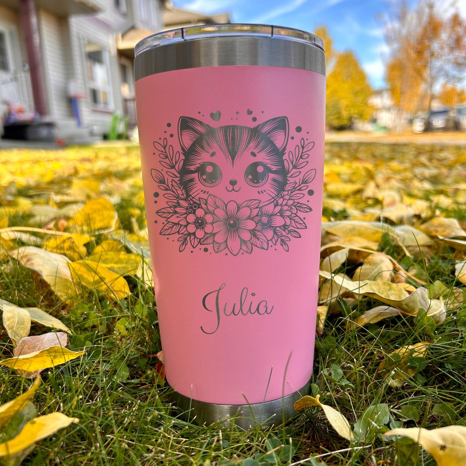 Floral Kitten 20oz Engraved Tumbler