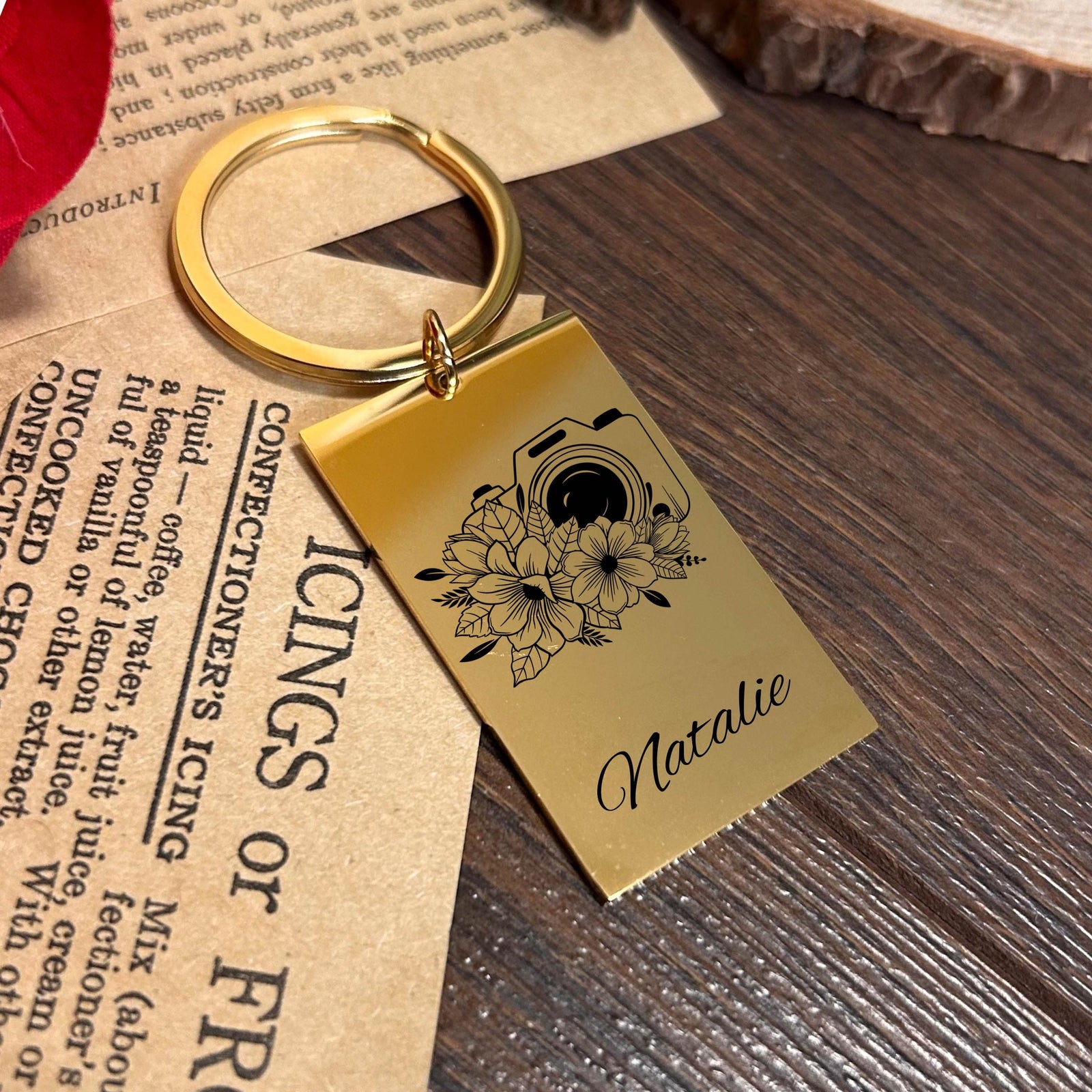 Camera & Flowers Keychain Stainless Steel