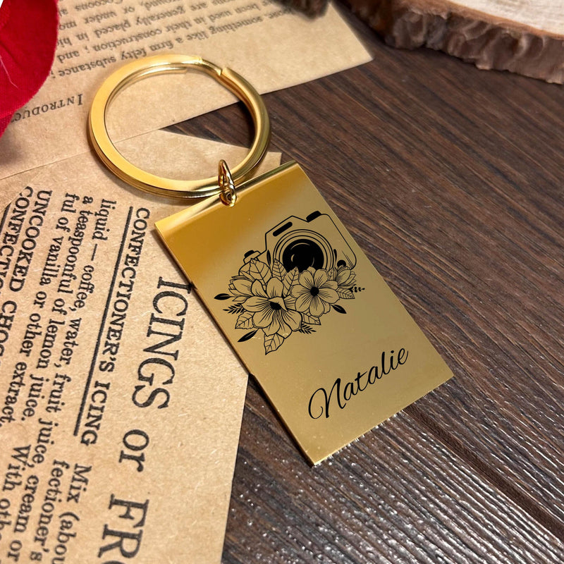 Camera & Flowers Keychain Stainless Steel