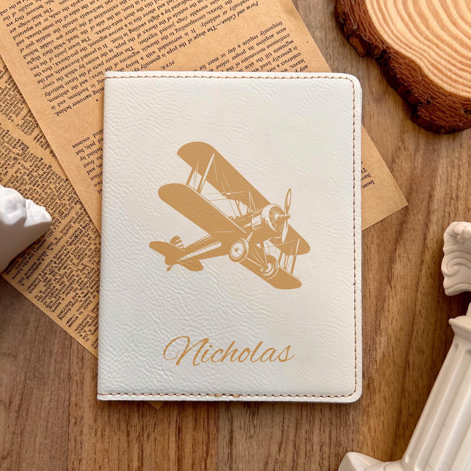Gold Antique Airplane Passport Cover – Design #4