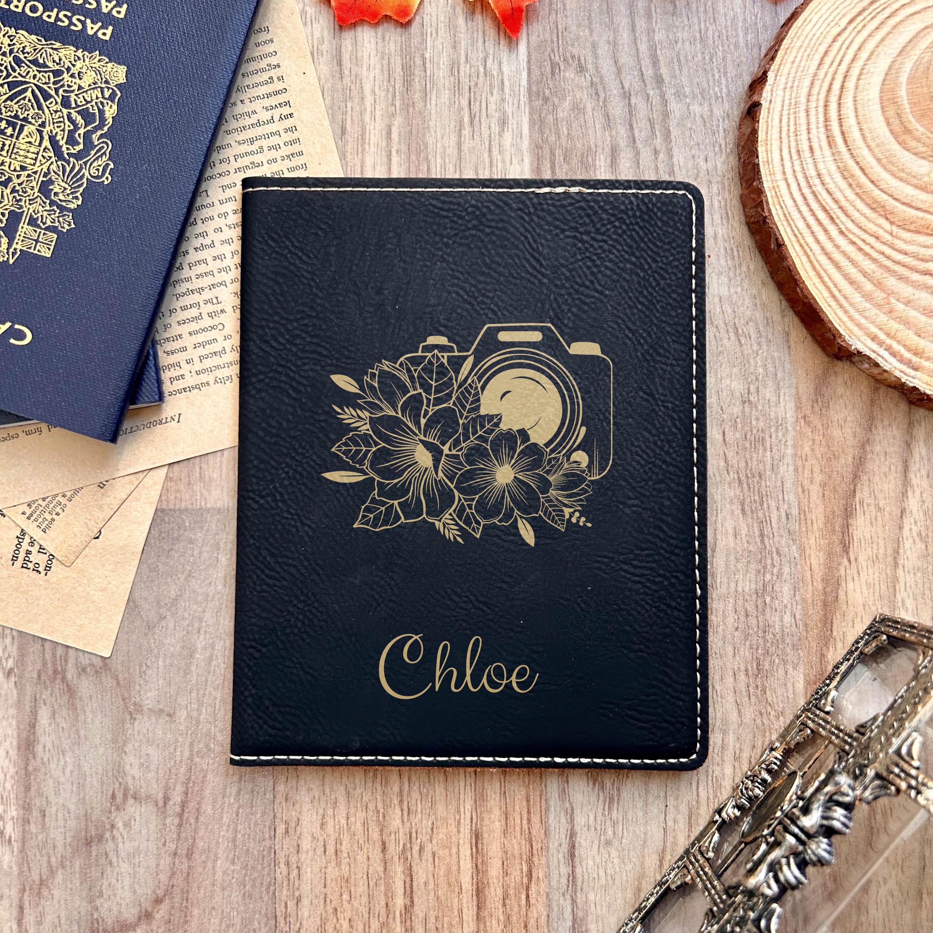 Gold Camera & Flowers Passport Cover – Design #59