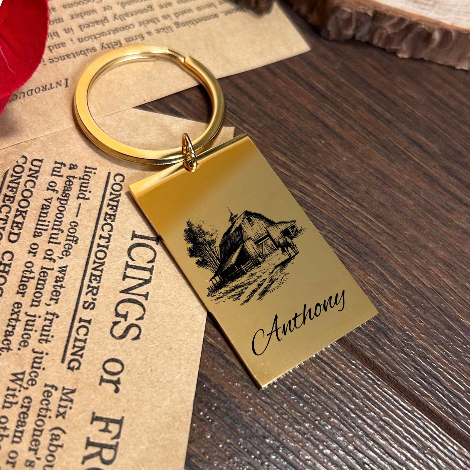 Barn and Horse Keychain Stainless Steel