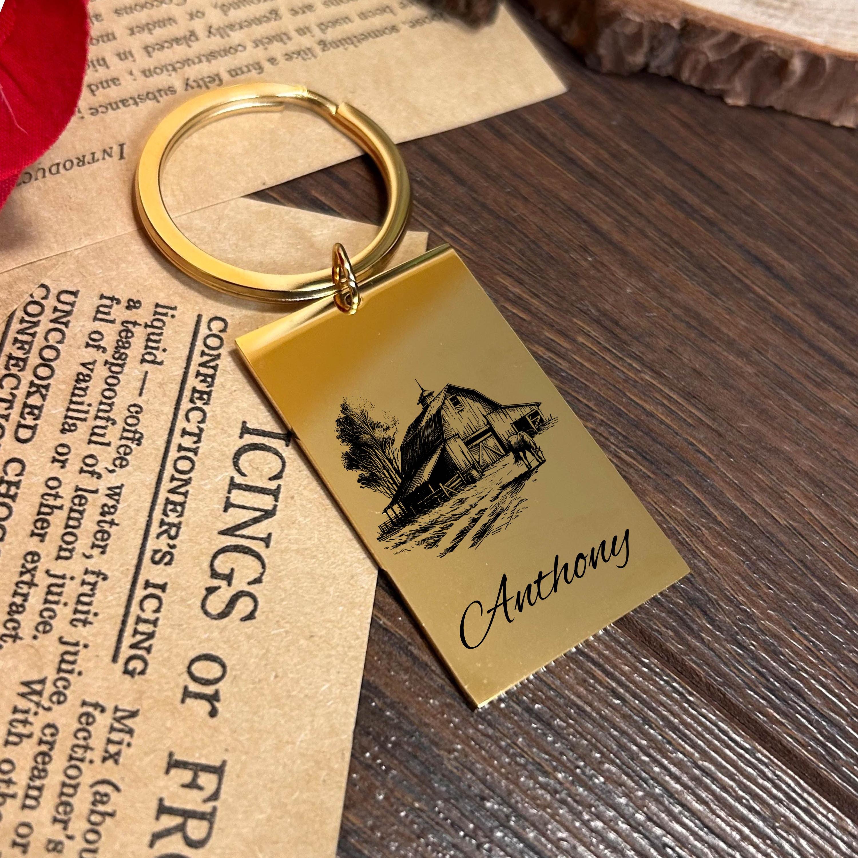 Barn and Horse Keychain Stainless Steel