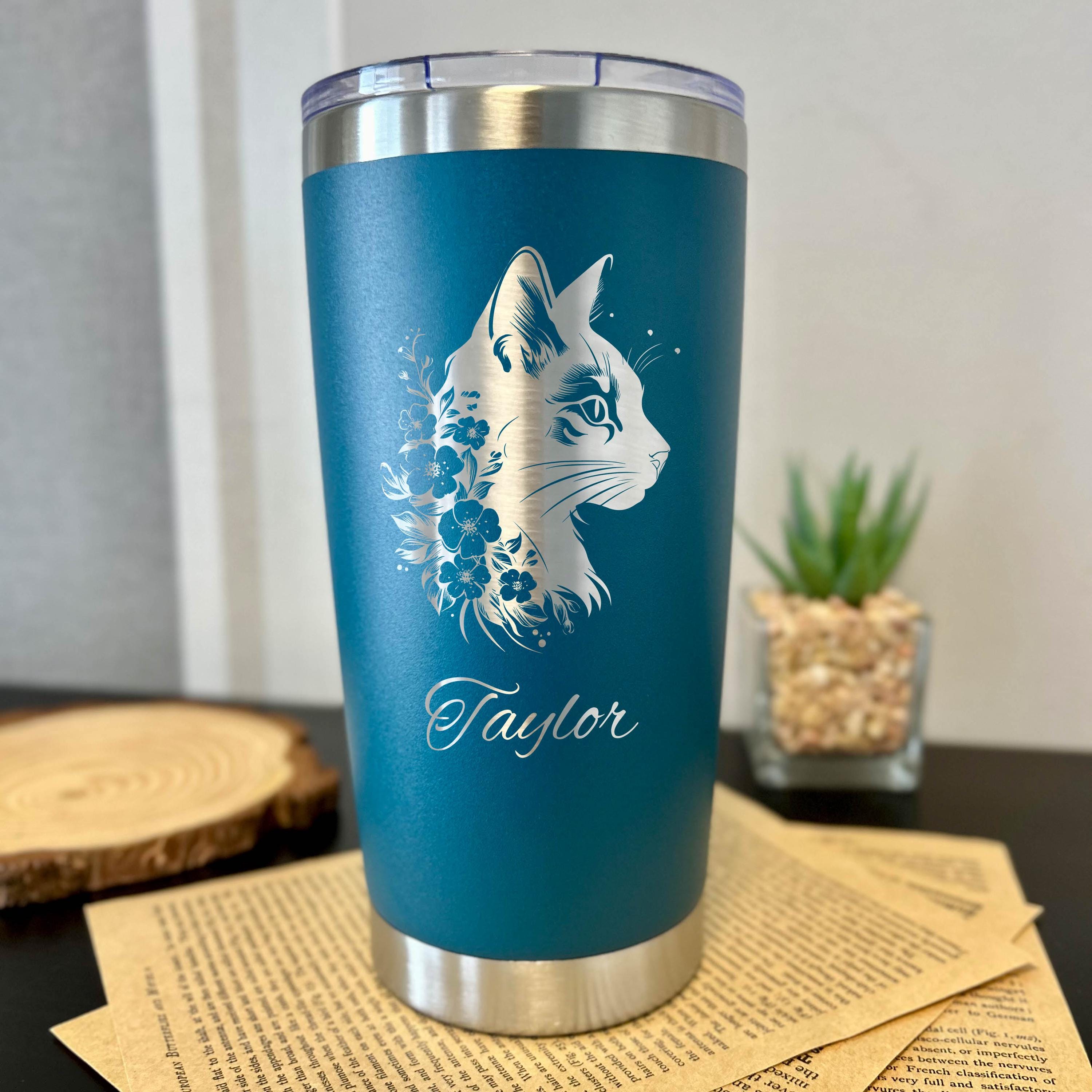 Cat and Flowers 20oz Engraved Tumbler