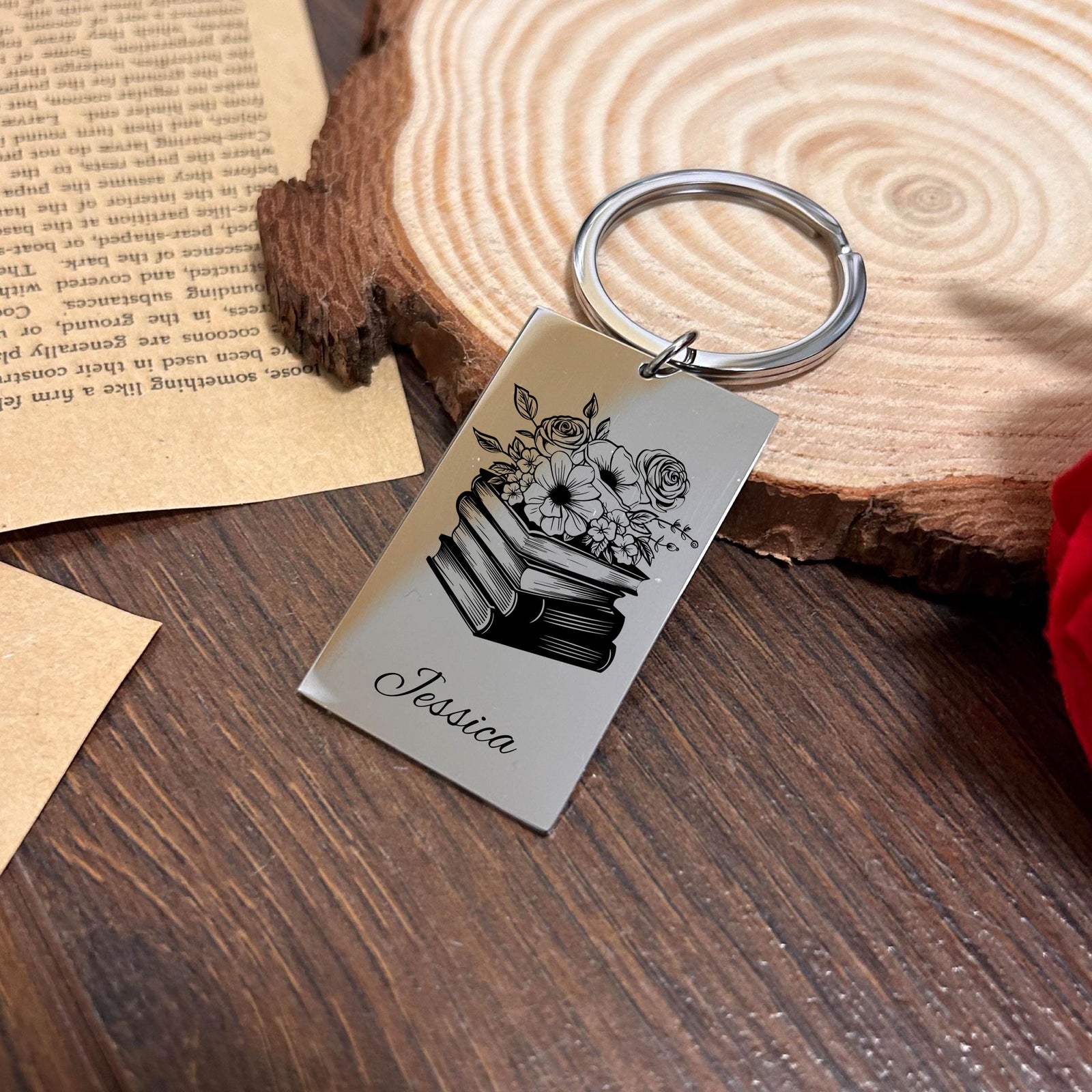 Book and Flower Keychain Stainless Steel