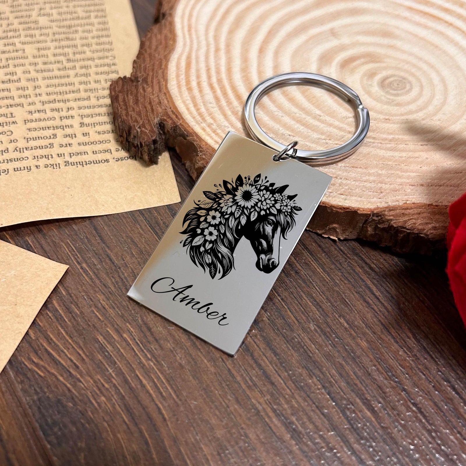 Floral Horse Keychain Stainless Steel