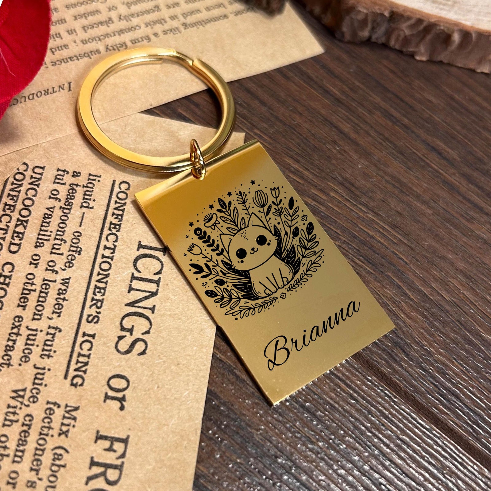 Kitty and Flowers Keychain Stainless Steel