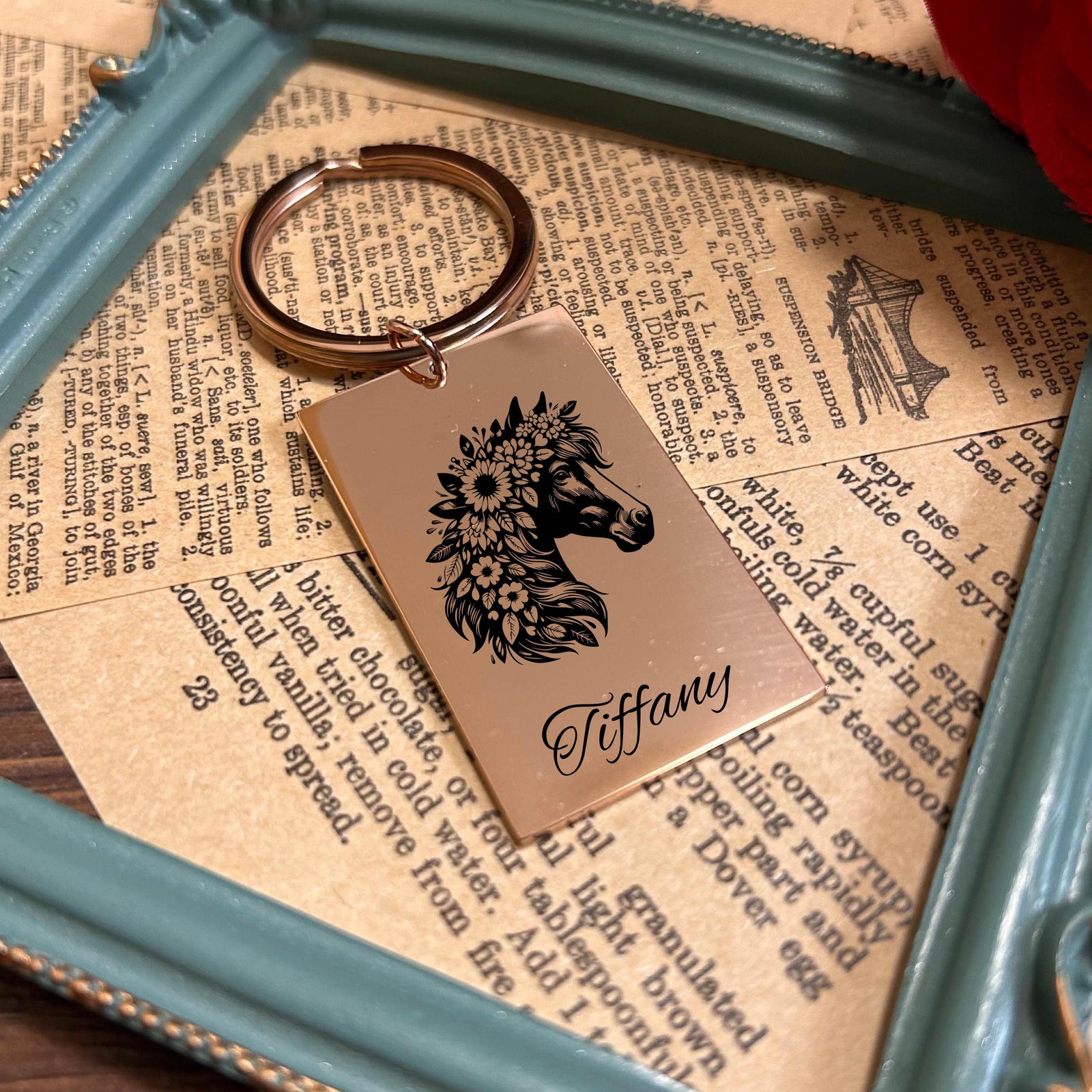 Horse and Flowers Keychain Stainless Steel