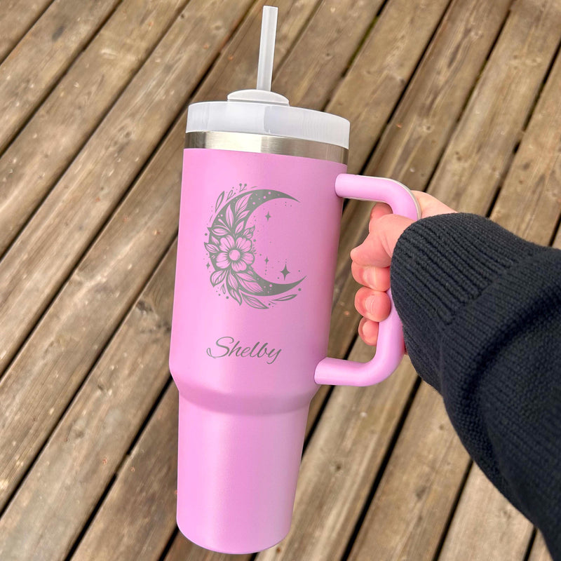 Floral Moon 40oz Engraved Tumbler – Stainless Steel