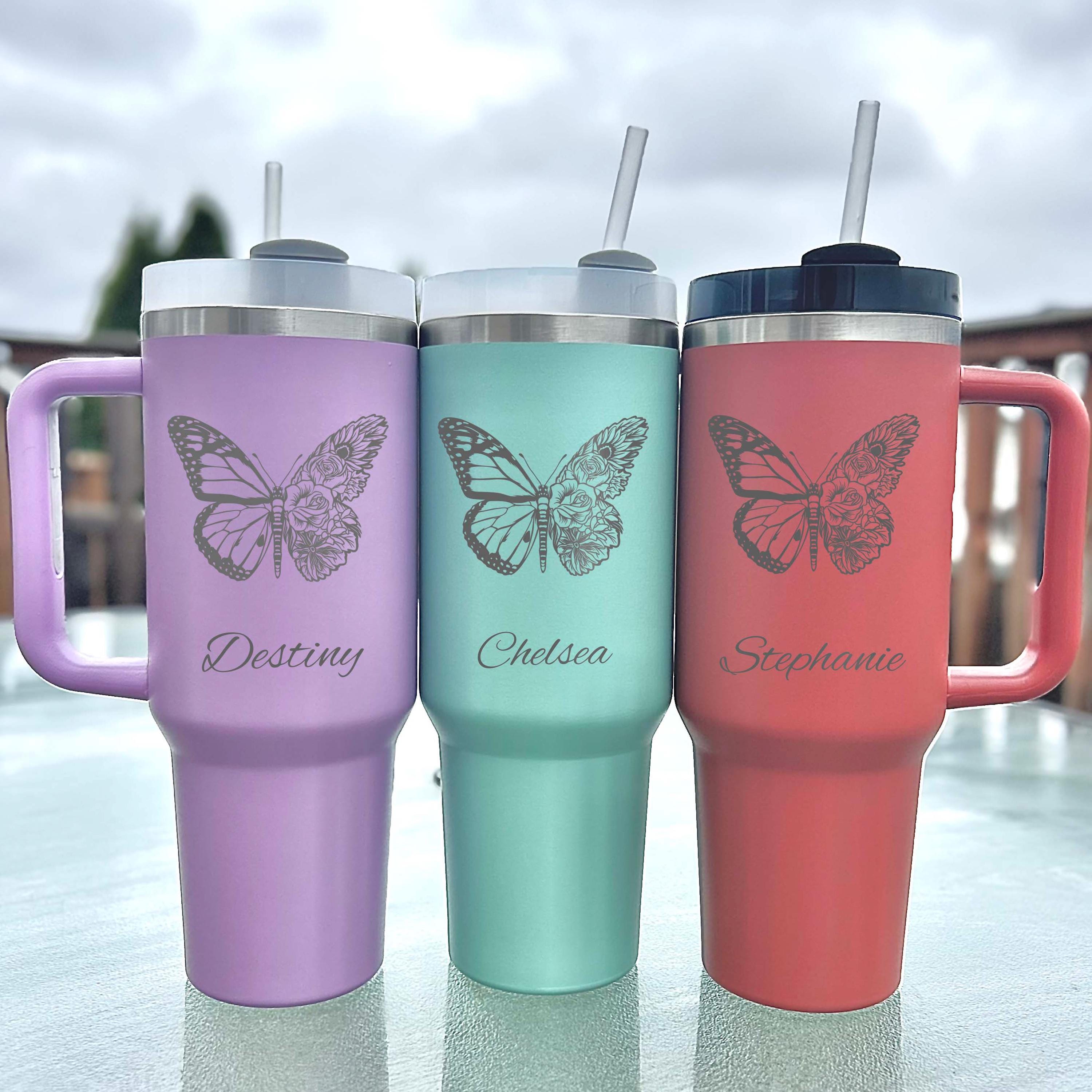 Floral Butterfly 40oz Engraved Tumbler – Stainless Steel